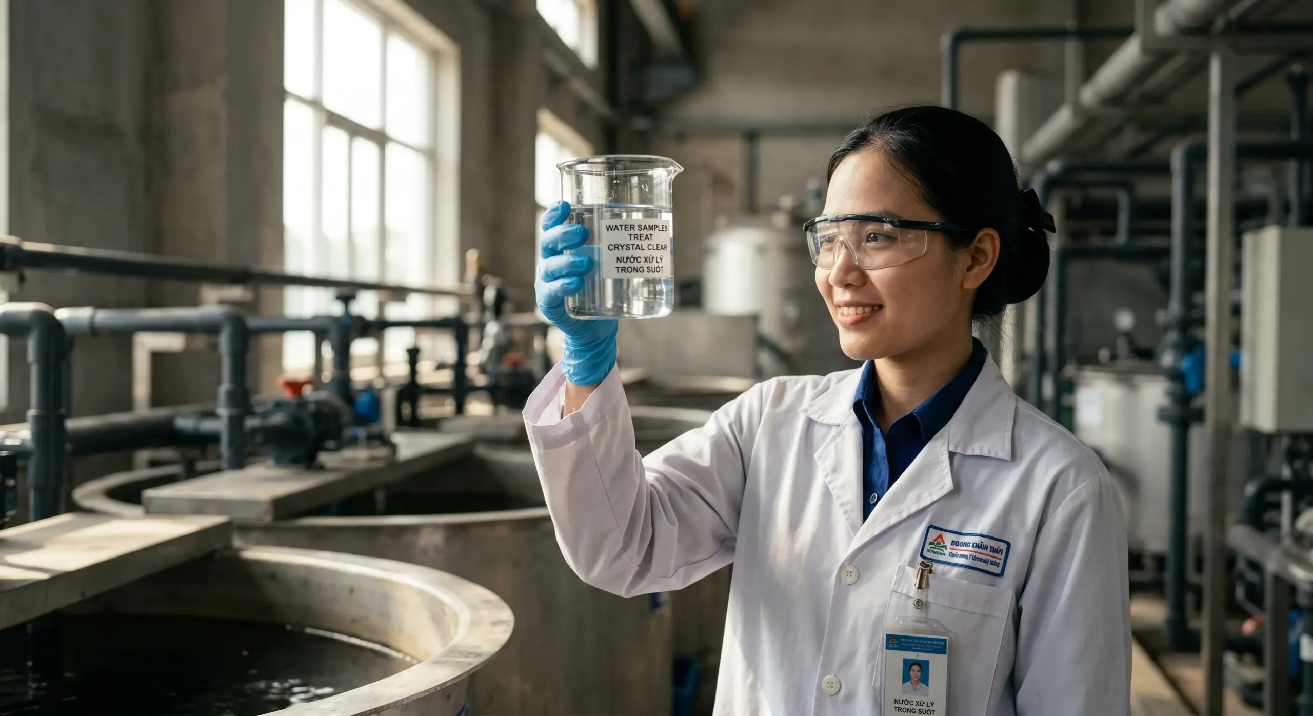 Mẫu nước thải công nghiệp sau khi được xử lý bằng công nghệ MBR đạt chuẩn QCVN Cột A, đảm bảo an toàn môi trường.