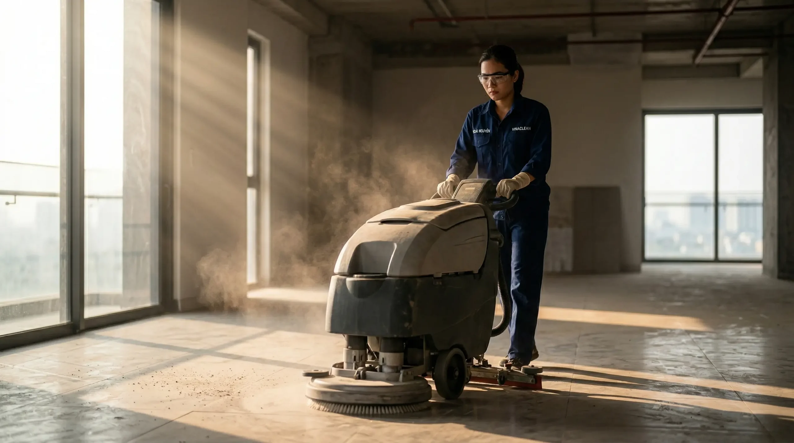 Nhân viên vệ sinh sử dụng máy chà sàn liên hợp và hóa chất tẩy rửa chuyên dụng để tẩy vết xi măng cứng đầu trên nền gạch.