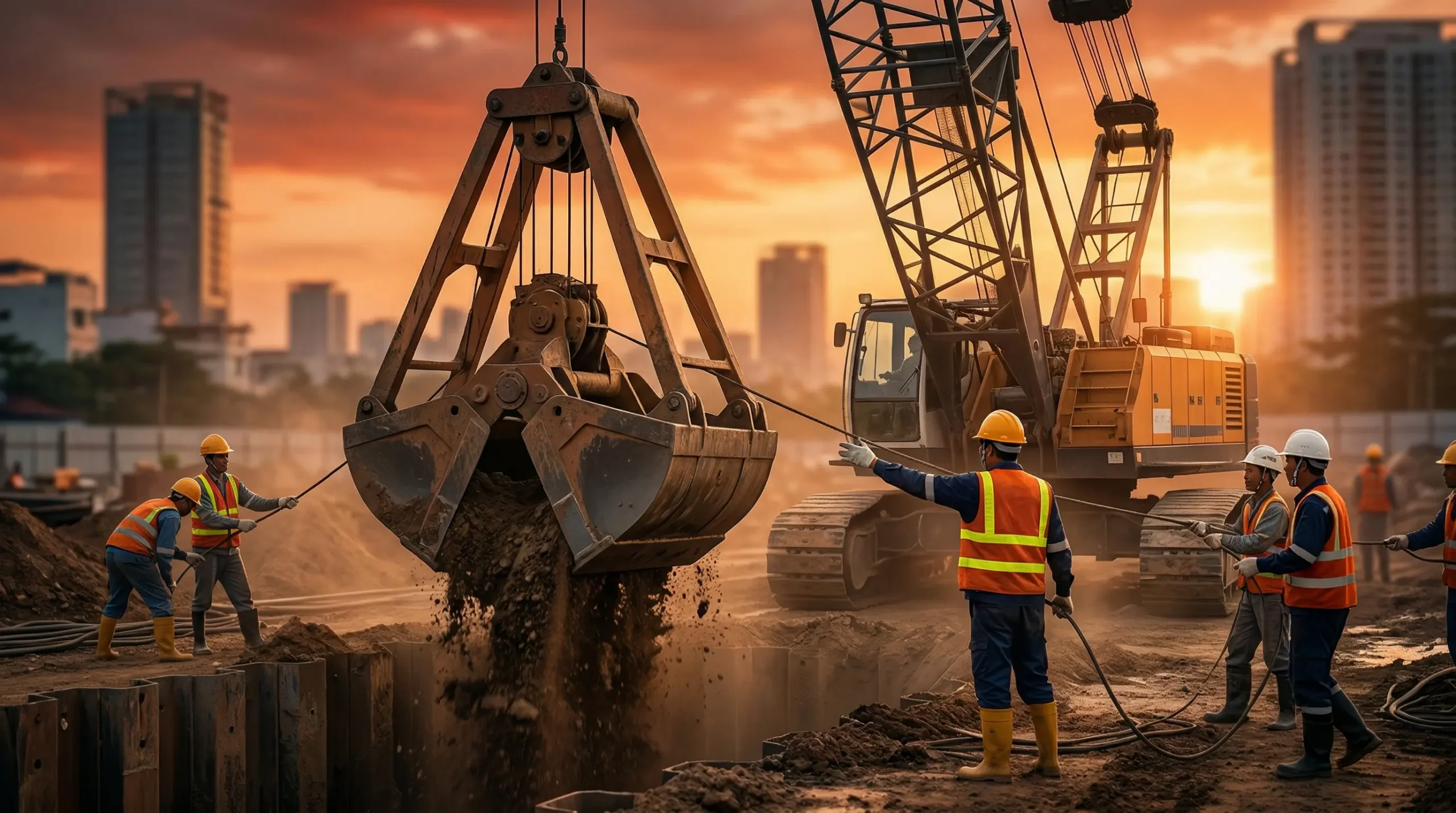 Máy đào gầu ngoạm thi công cọc barrette tiết diện chữ nhật cho nền móng sâu.