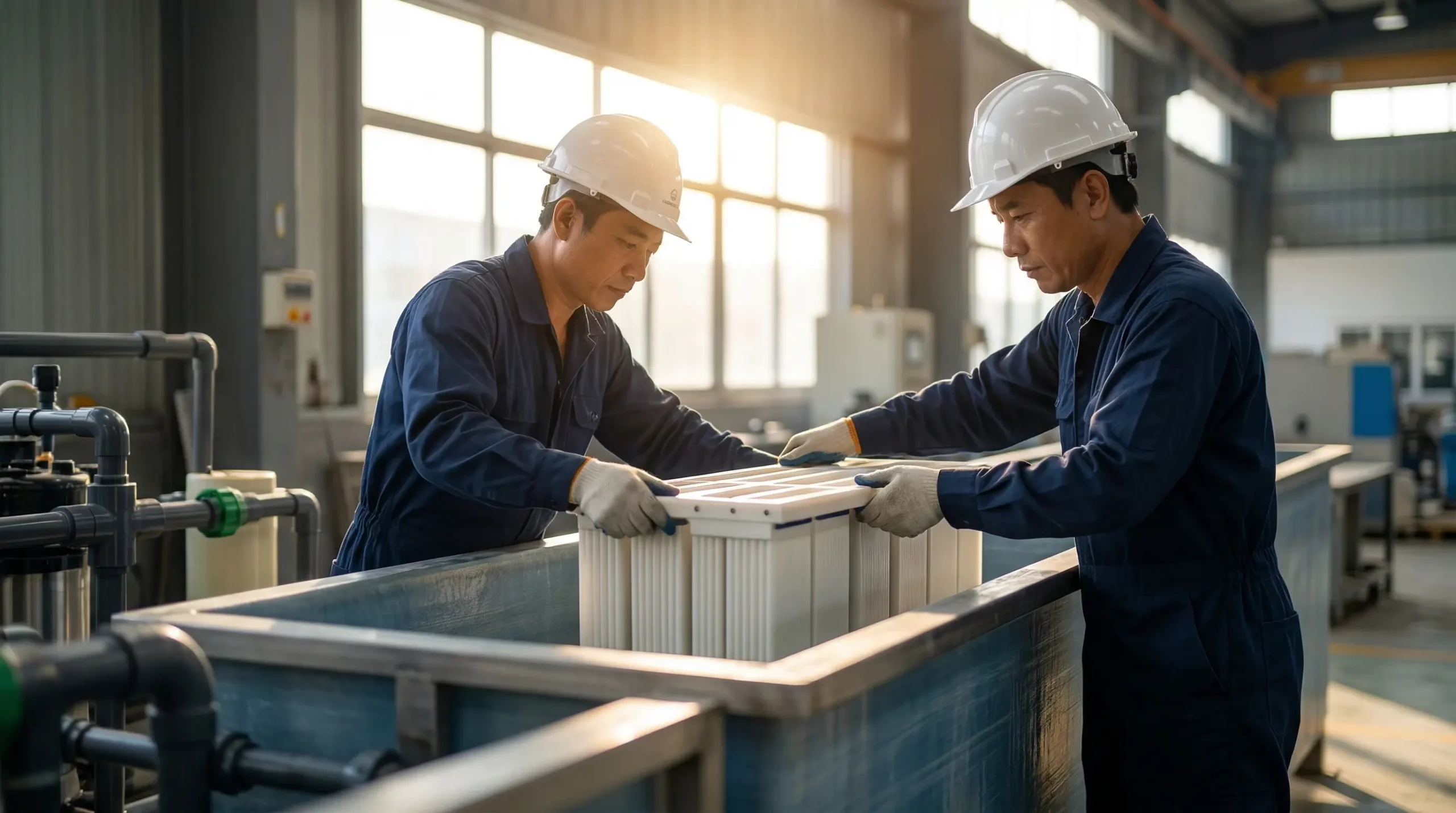 Lắp ráp module xử lý nước thải MBR composite FRP công nghệ màng vi sinh lọc nước thải.