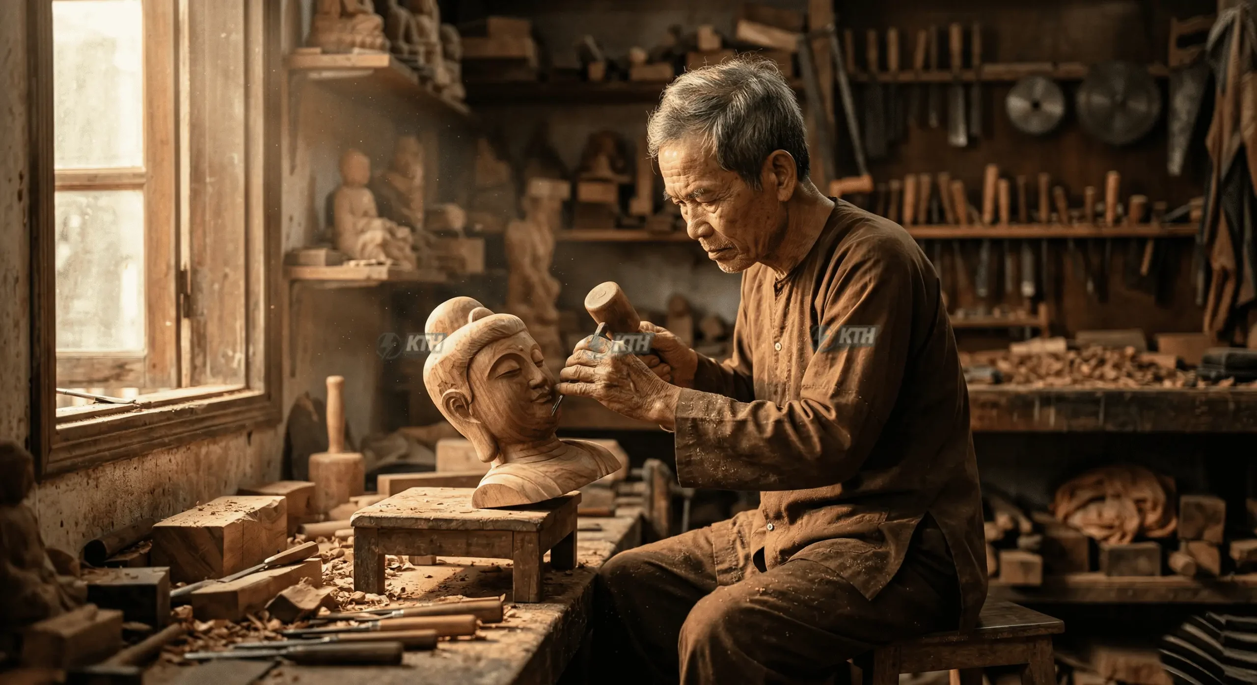 Nghệ nhân điêu khắc tượng Phật bằng gỗ nguyên khối đang tỉ mỉ tạo hình diện Phật chuẩn 32 tướng tốt.