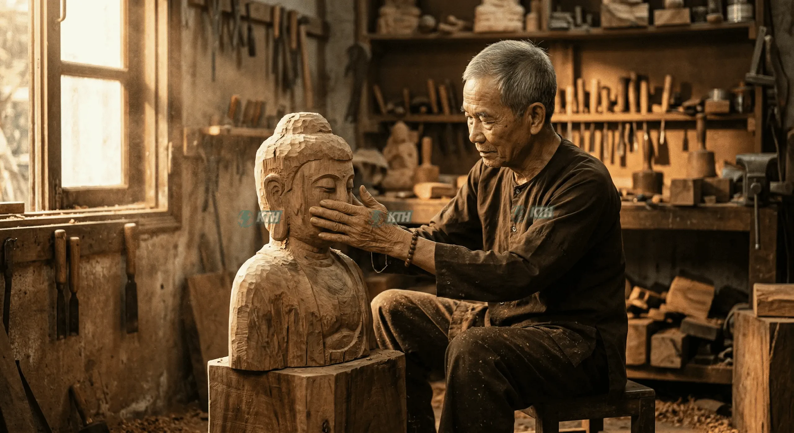 Tượng Phật Theo Yêu Cầu: Tôn Tượng Độc Bản, Chuẩn Thần Thái 1 Nghệ nhân điêu khắc tượng Phật cá nhân hóa tỉ mỉ chạm khắc khuôn mặt Phật bằng gỗ mít tại xưởng.