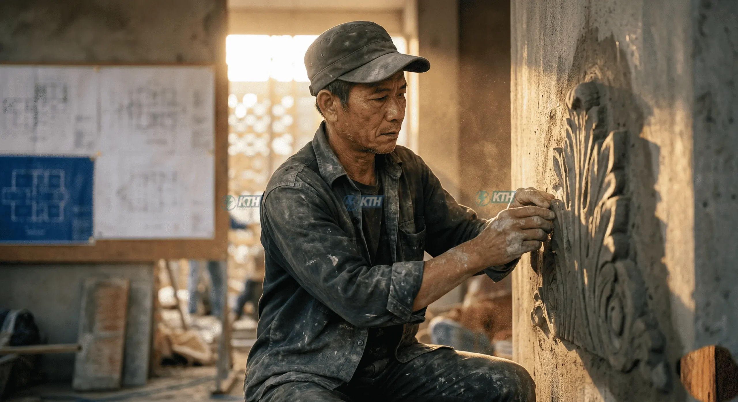 Nghệ nhân hơn 20 năm kinh nghiệm thi công hoa văn kiến trúc đang điêu khắc phù điêu lá tây trực tiếp bằng tay.