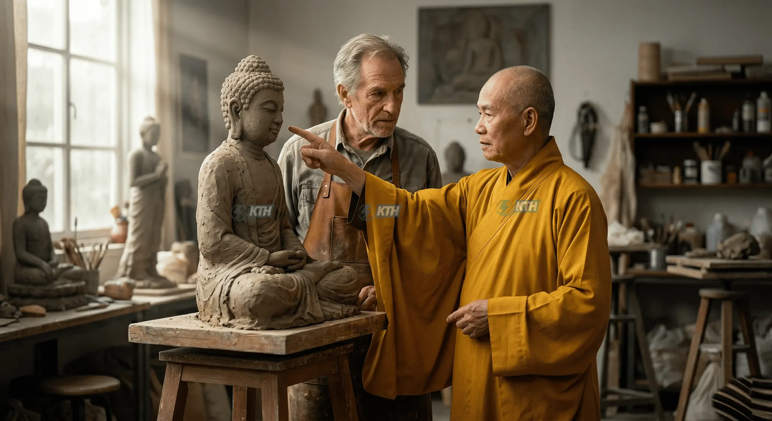 Sư thầy nghiệm thu tỷ lệ nhân trắc học trên bản đất sét trước khi tiến hành điêu khắc tượng Phật chi tiết.