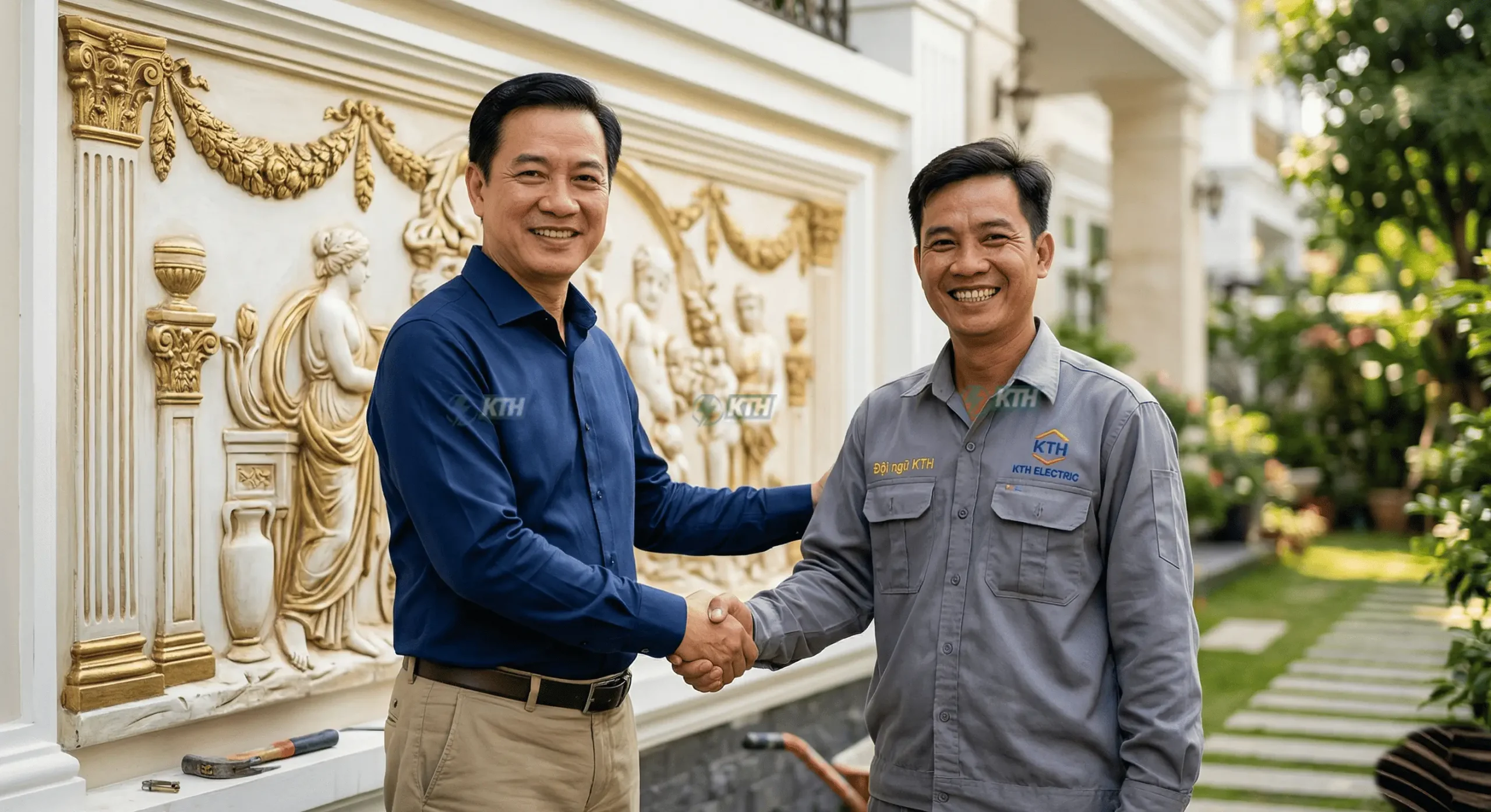 Khách hàng nghiệm thu công trình đắp vẽ nghệ thuật với đội ngũ thợ thi công chuyên nghiệp của KTH Electric.