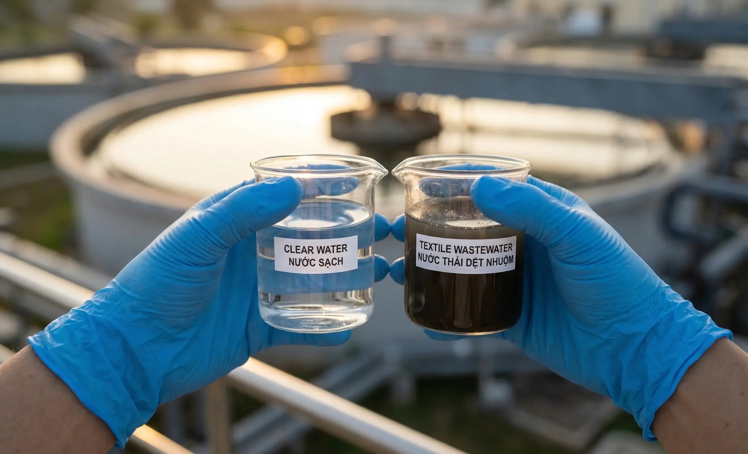 Nước đầu ra sau khi xử lý nước thải dệt nhuộm công nghệ MBR đạt chuẩn QCVN 40:2021 Cột A.