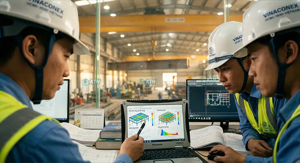 Chuyên gia phân tích độ võng dầm chính và biến dạng kết cấu thép sau thí nghiệm tải trọng tĩnh 125% SWL.