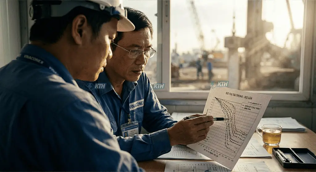 Dịch Vụ Thử Tải Cọc (Nén Tĩnh & PDA) Chuẩn TCVN 9393:2012 4 Kỹ sư địa chất đánh giá biểu đồ quan hệ tải trọng chuyển vị để nghiệm thu móng cọc an toàn.