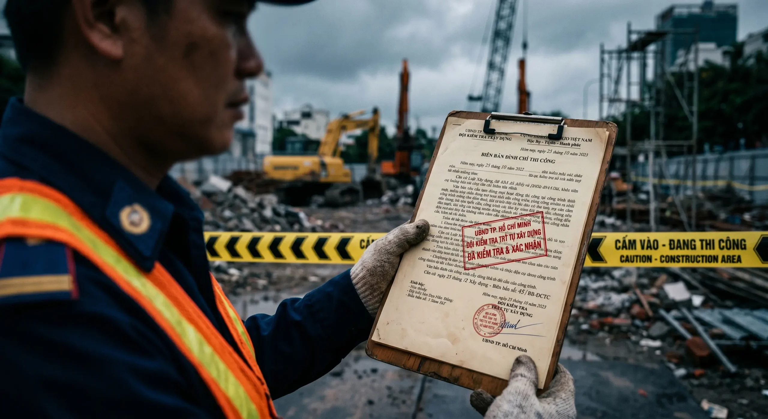 Lập biên bản xử phạt hành chính và đình chỉ thi công vô thời hạn đối với hành vi phá dỡ nhà không xin phép.