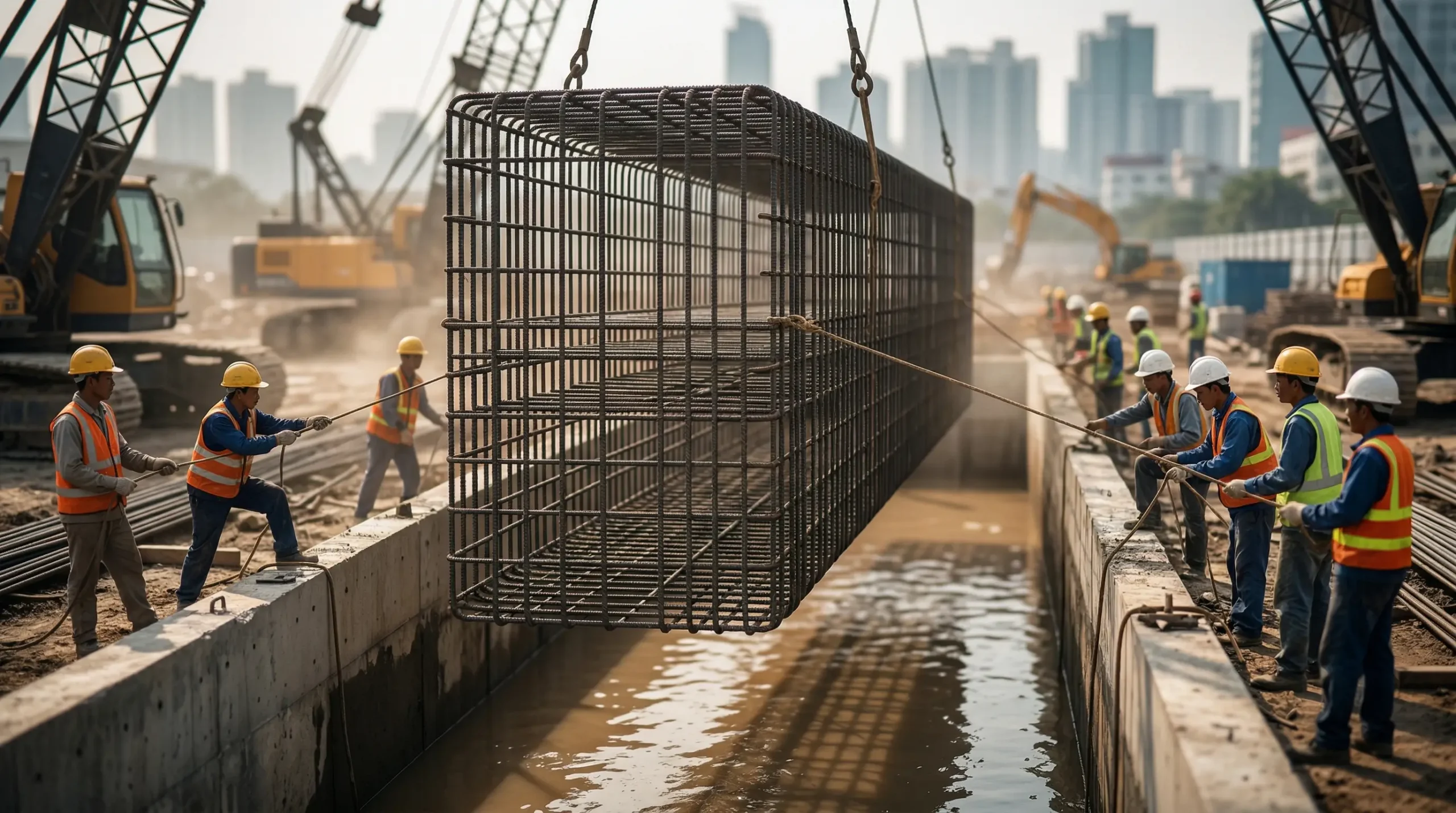 Quy trình hạ lồng cốt thép thi công tường vây bê tông cốt thép ngầm.