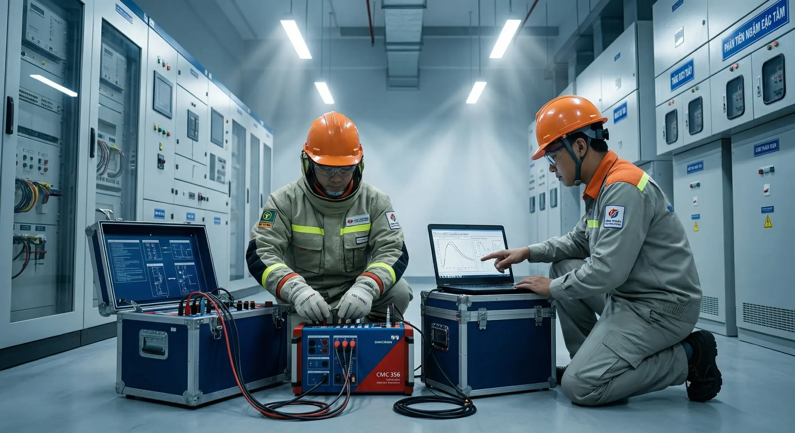 Đội ngũ KTH Electric triển khai hợp bộ thí nghiệm rơ le đa pha Omicron và phân tích dữ liệu trực tiếp tại nhà máy.