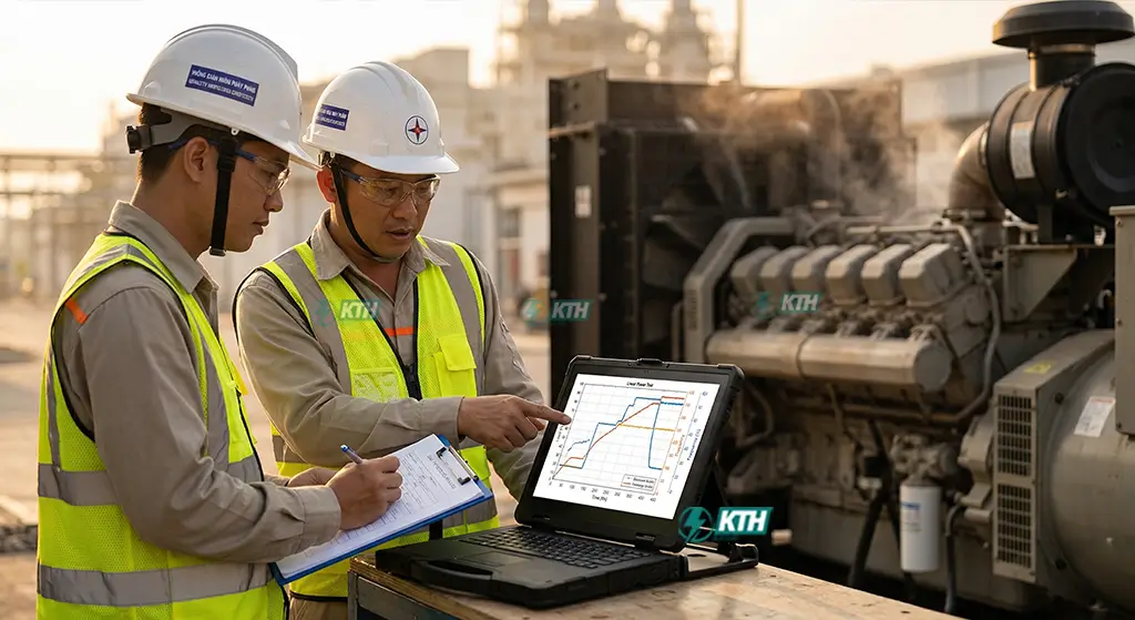 Quy trình thử tải máy phát điện chuẩn 4 bước: Đo nhiệt độ động cơ, ép tải 110% và cấp biên bản nghiệm thu thiết bị.