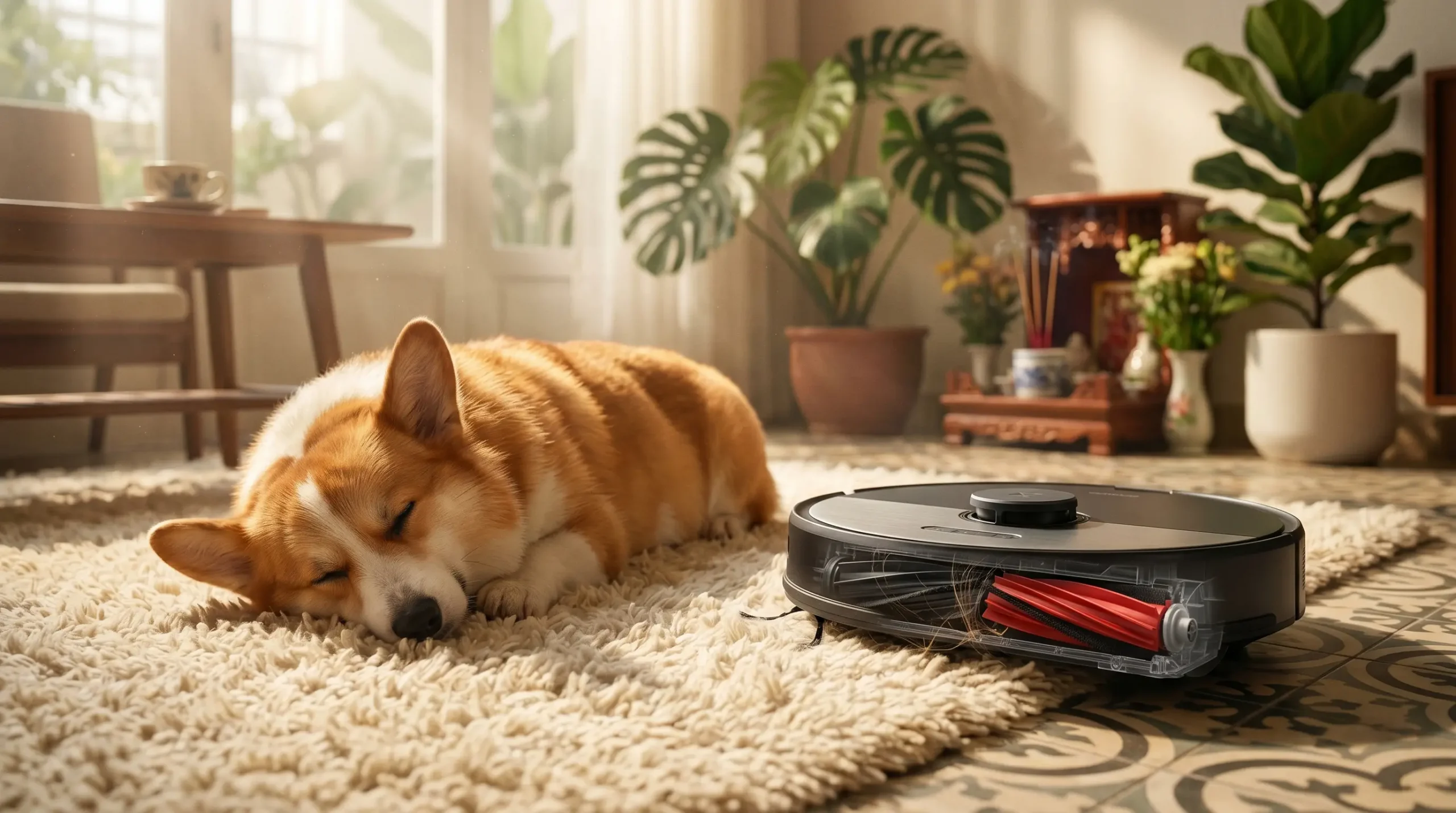 Robot hút bụi có chổi chống rối tóc và lực hút siêu mạnh làm sạch lông thú cưng