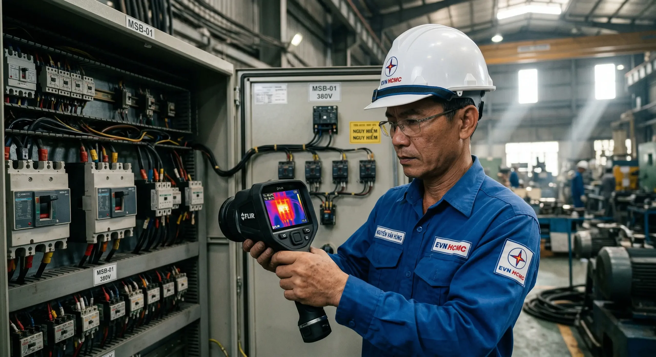 Quy trình scan nhiệt tủ điện MSB bằng camera hồng ngoại để phát hiện điểm phát nóng và ngăn ngừa cháy nổ điện.