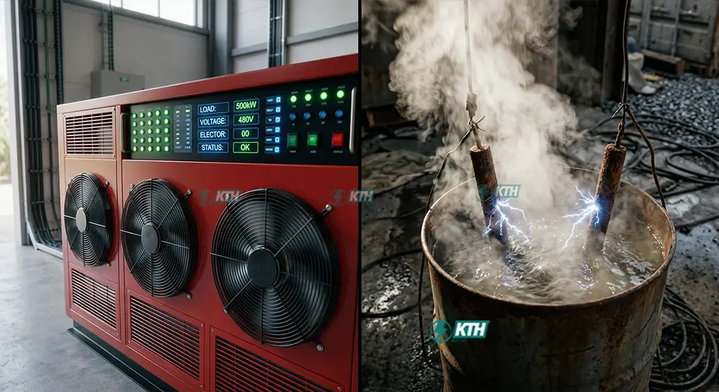 So sánh thiết bị tải thuần trở an toàn tuyệt đối và phương pháp thử tải nước muối thô sơ ẩn chứa nhiều rủi ro điện giật.