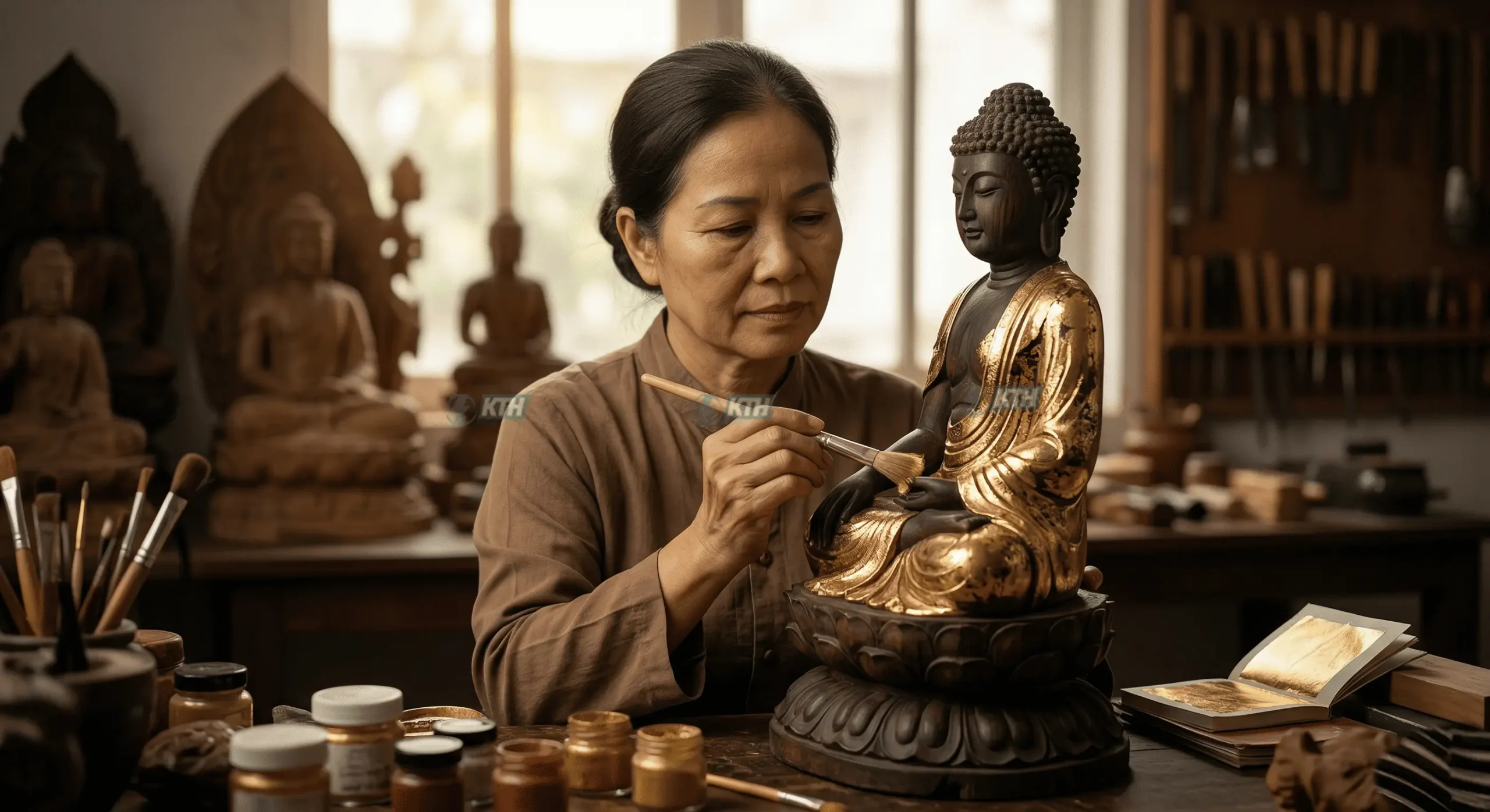 Nghệ nhân thực hiện nghi thức sơn son thiếp vàng 24k cho bề mặt tượng Phật bằng gỗ mít ta.