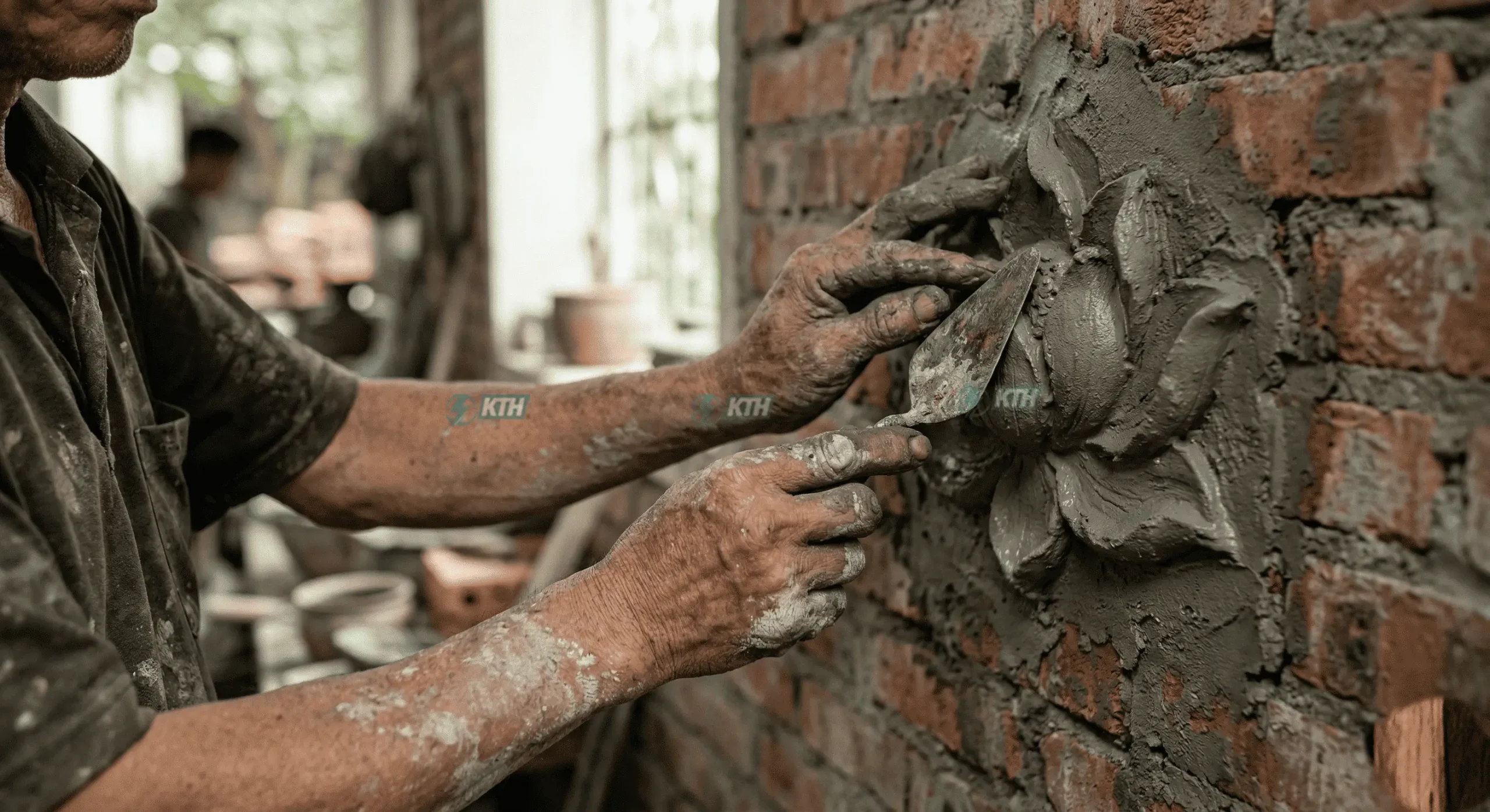 Cận cảnh đôi bàn tay thợ đắp vẽ đang tạo hình hoa văn nổi trực tiếp bằng vữa xi măng cốt thép.