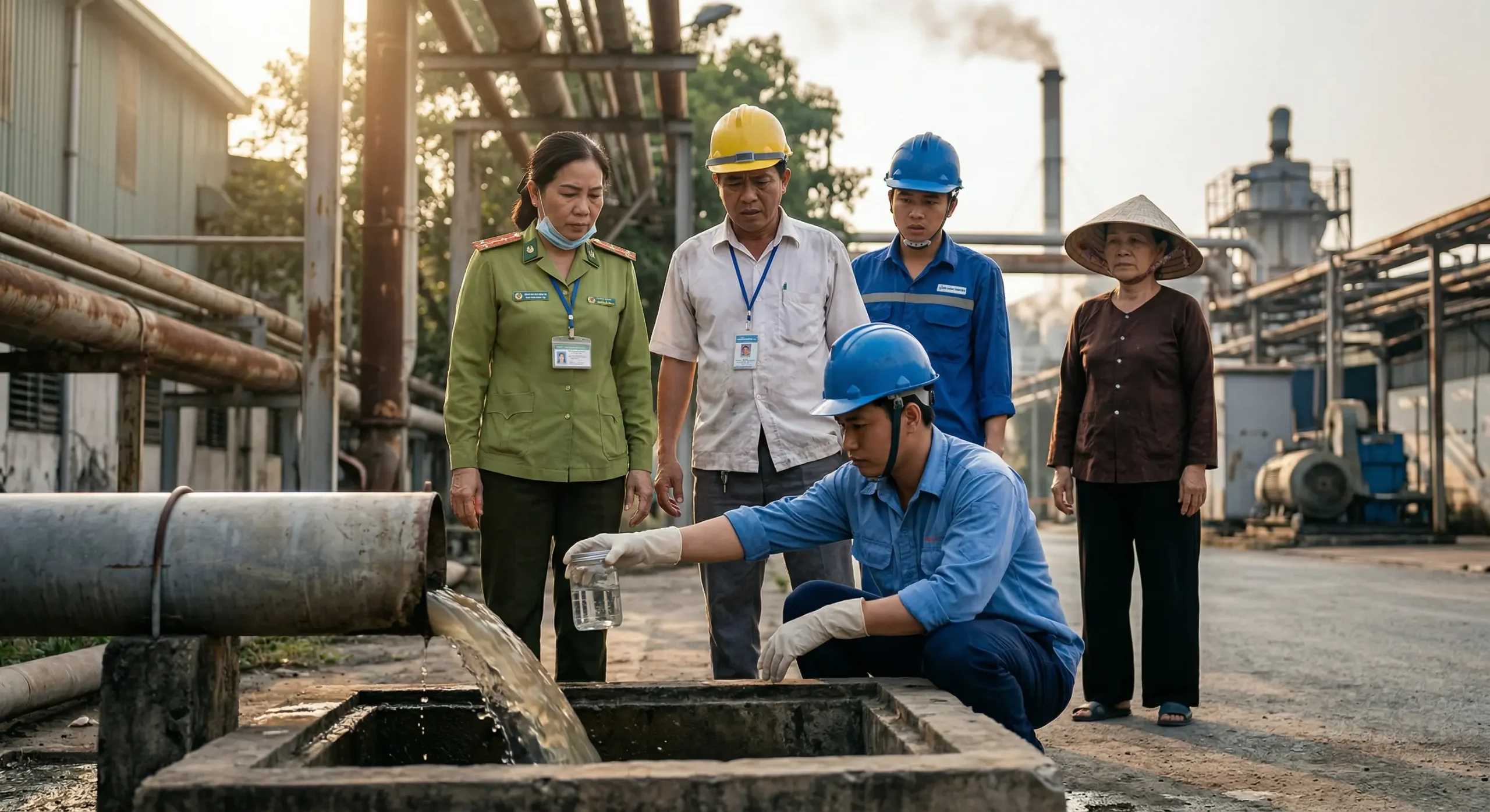 Đoàn thanh tra môi trường đột xuất đang tiến hành quy trình kiểm tra và lấy mẫu nước thải tại nguồn thải của nhà máy sản xuất.