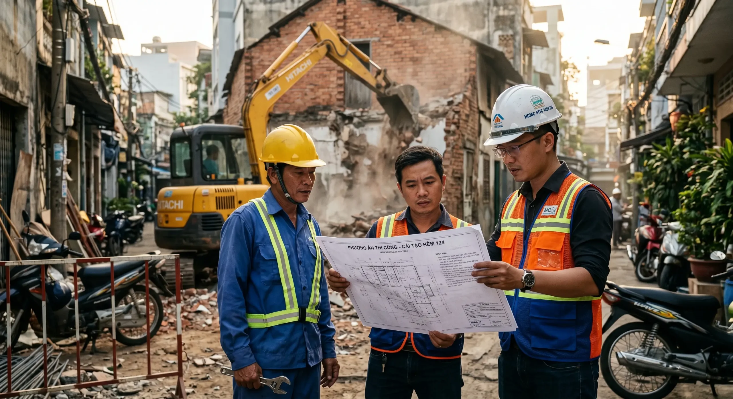 Kỹ sư KTH Electric đang khảo sát lập bản vẽ biện pháp thi công để xin giấy phép tháo dỡ nhà cũ tại công trình.