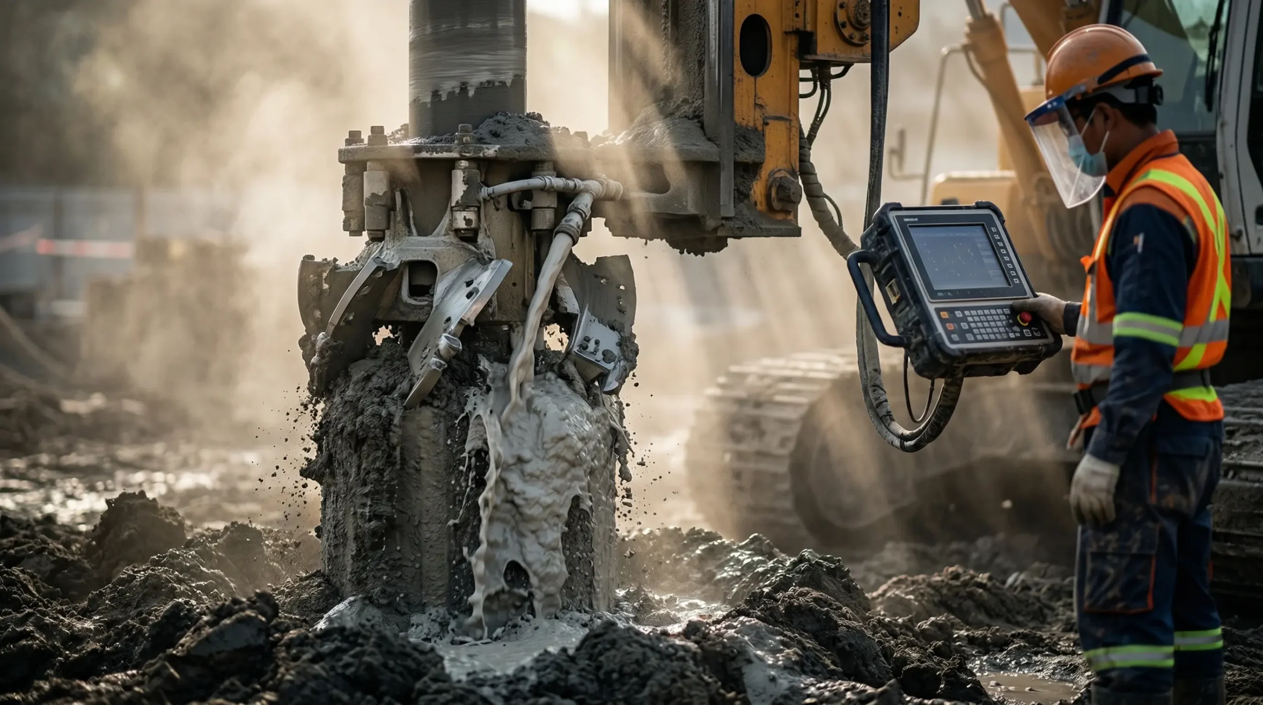 Thi công khoan nhồi cọc xi măng đất Deep Soil Mixing giúp tăng sức chịu tải nền móng và chống lún lệch.