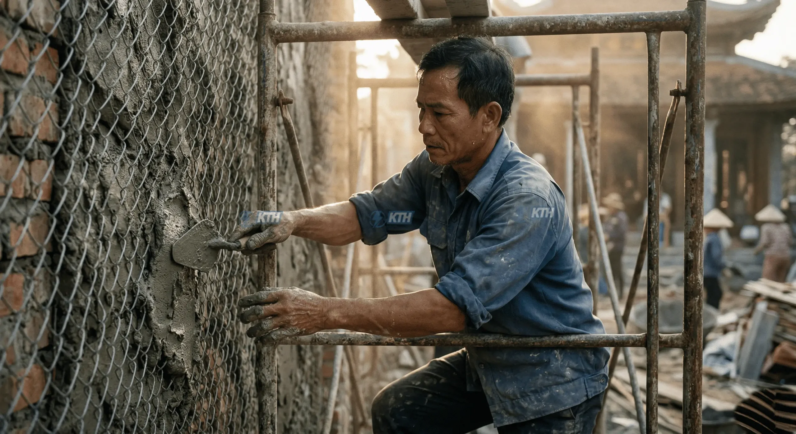 Đội thợ đắp vẽ chùa chiền thi công đắp tranh tường 3D Phật giáo bằng vữa xi măng cốt thép.