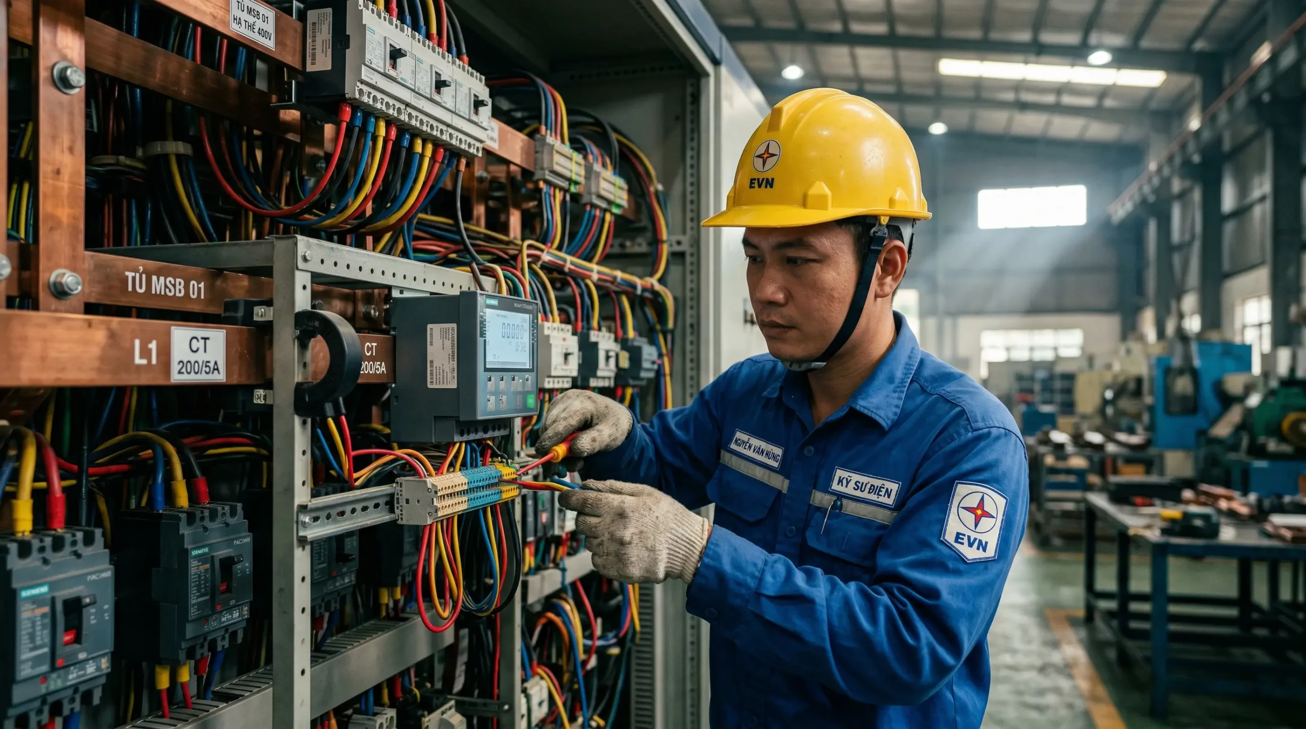 Lắp Đặt Hệ Thống PMS: Giải Pháp Giảm 15% Chi Phí Điện Năng 2 Kỹ sư thi công lắp đặt đồng hồ đo điện thông minh và cảm biến dòng điện CT tại tủ phân phối chính MSB.