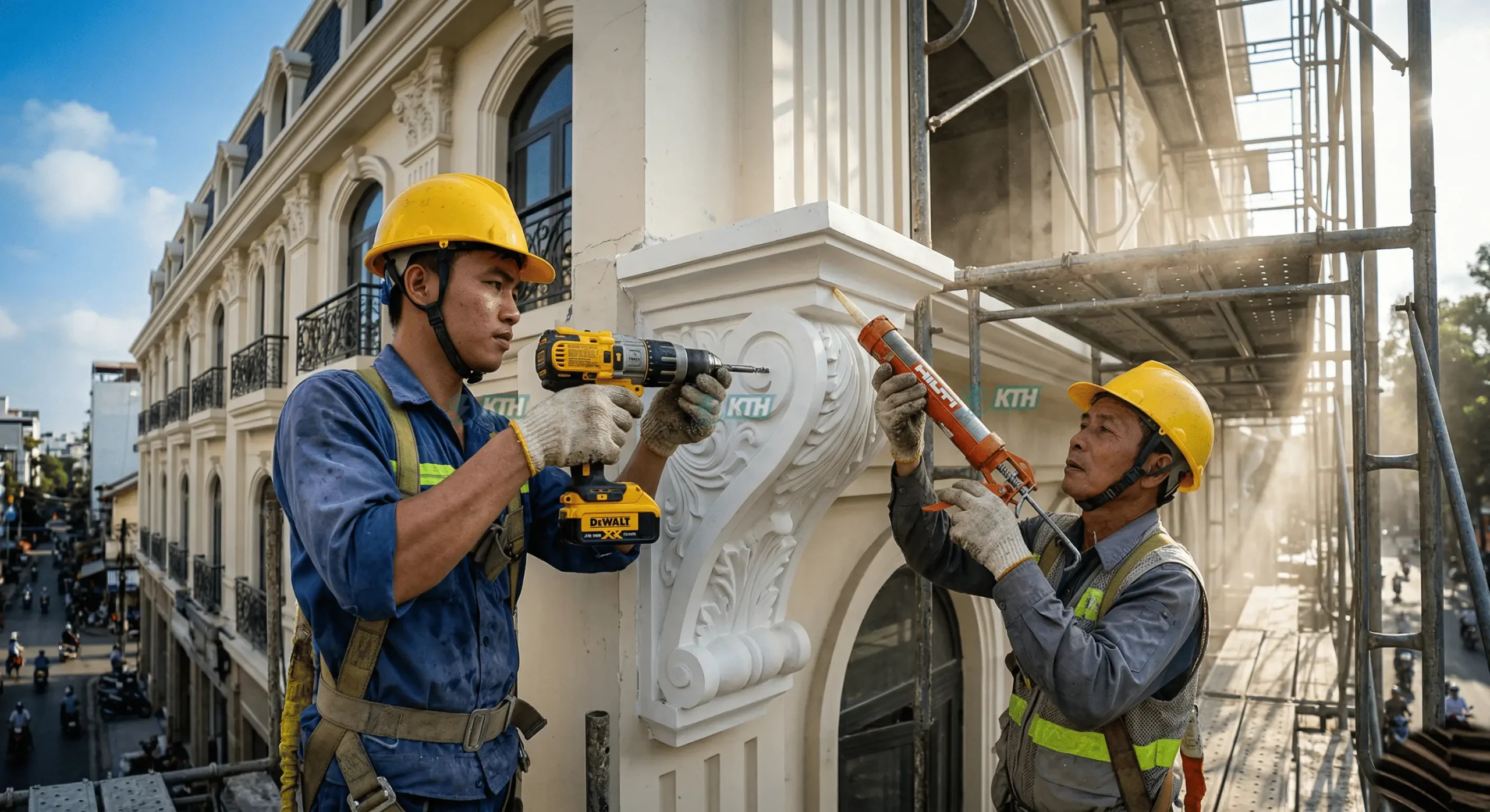 Thợ thi công bắn vít và bơm keo ốp hoa văn composite đúc sẵn siêu nhẹ trên chóp mái vòm sảnh biệt thự.