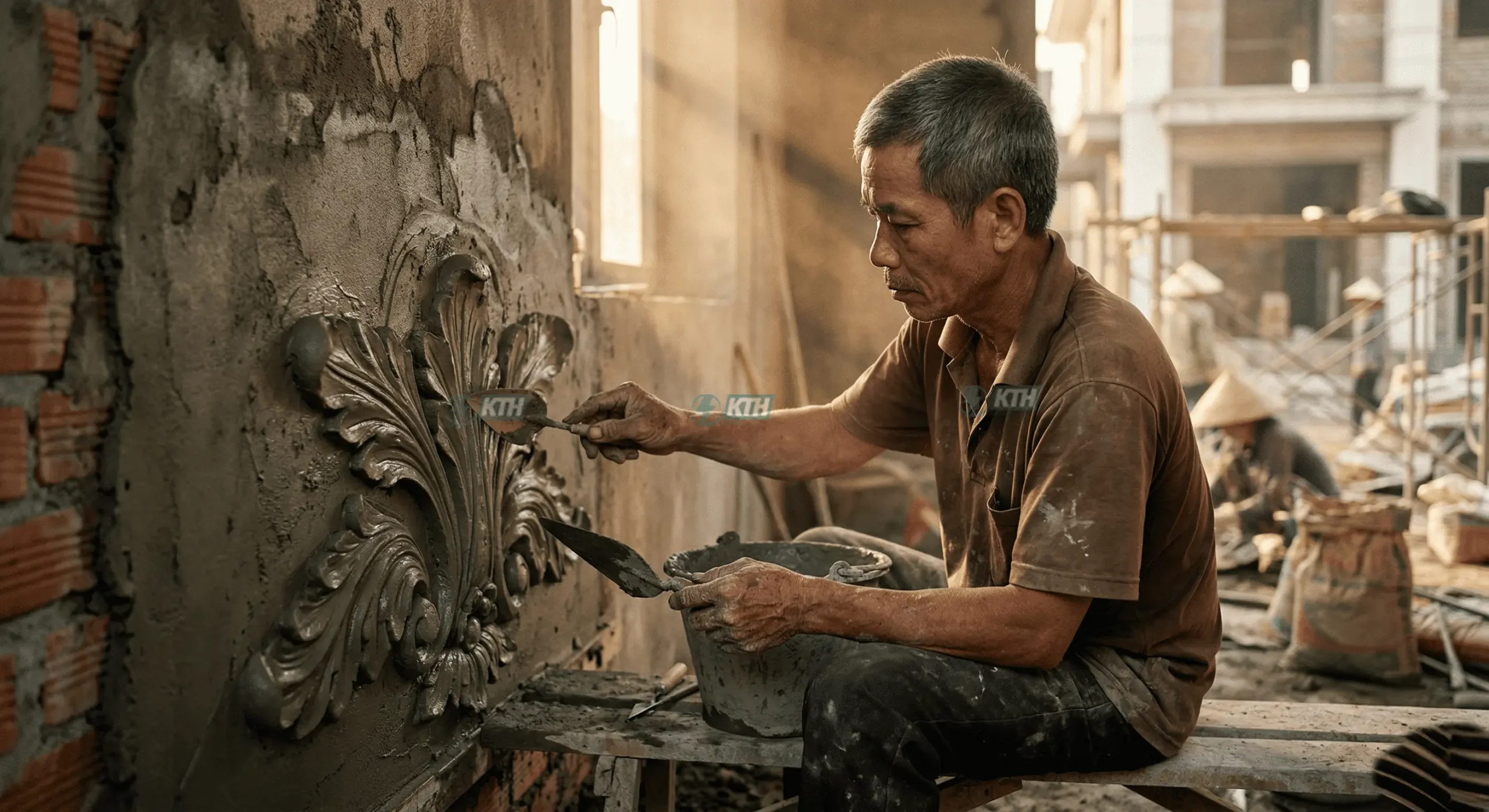 Nghệ nhân hơn 20 năm kinh nghiệm đang tỉ mỉ thi công phù điêu xi măng đắp tay họa tiết lá tây tân cổ điển.