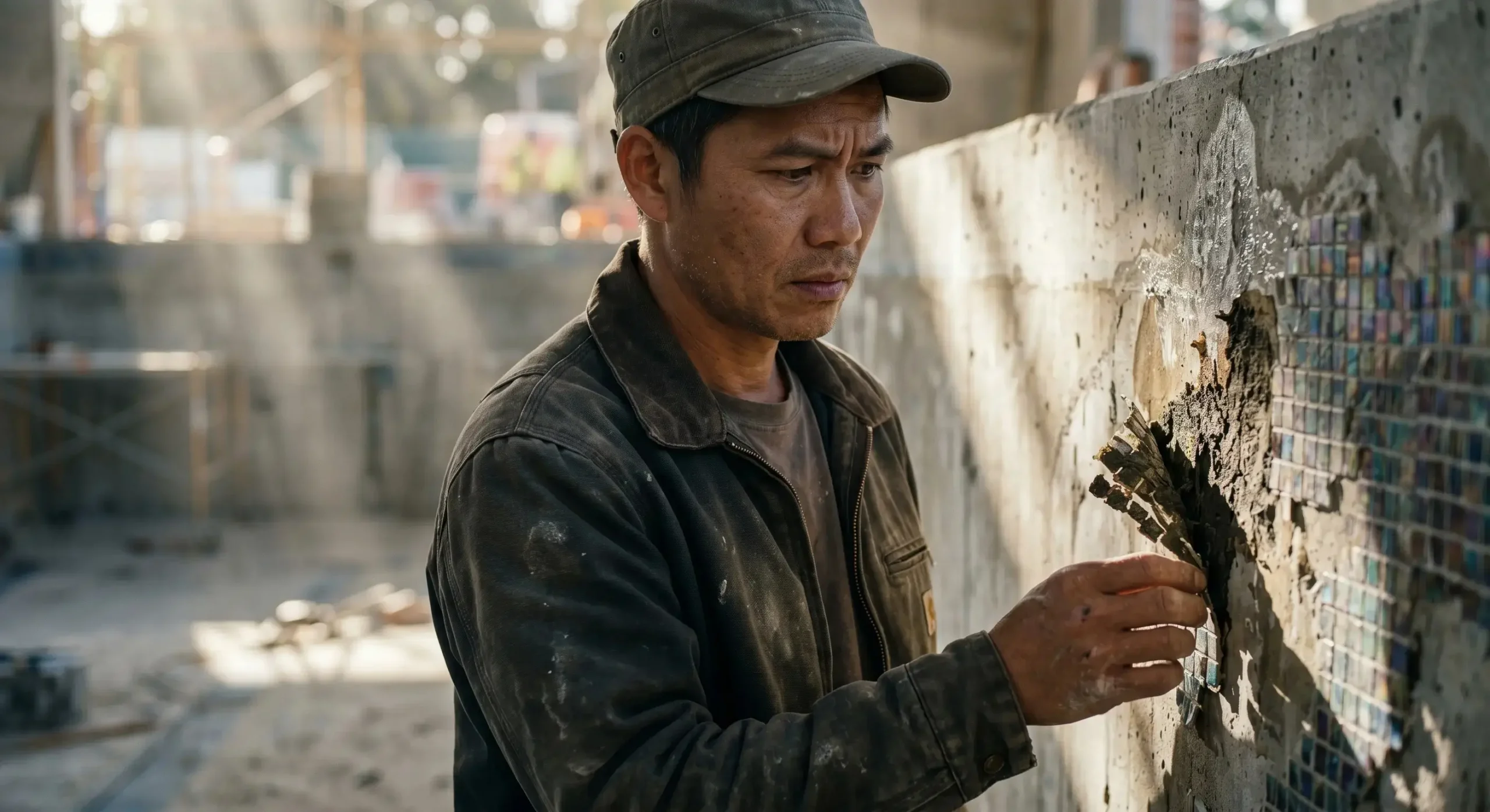 Sai lầm khi không thử nghiệm keo dán gạch hồ bơi chịu nước dẫn đến bong rộp toàn bộ bề mặt thi công.