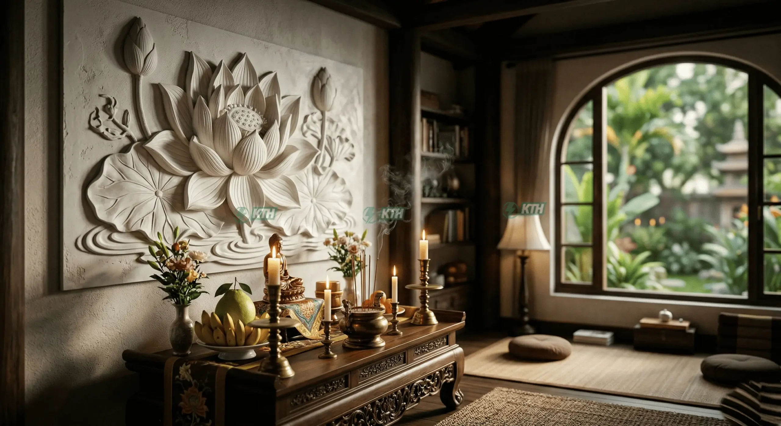 Tranh hoa sen đắp nổi Phật giáo bố trí chuẩn phong thủy cho không gian phòng thờ gia tiên.