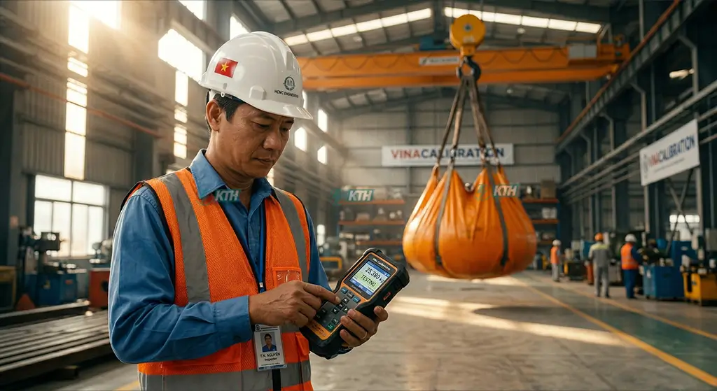 Ứng dụng túi nước thử tải và cảm biến load cell để đo lường tải trọng thực tế thiết bị nâng hạ an toàn tuyệt đối.