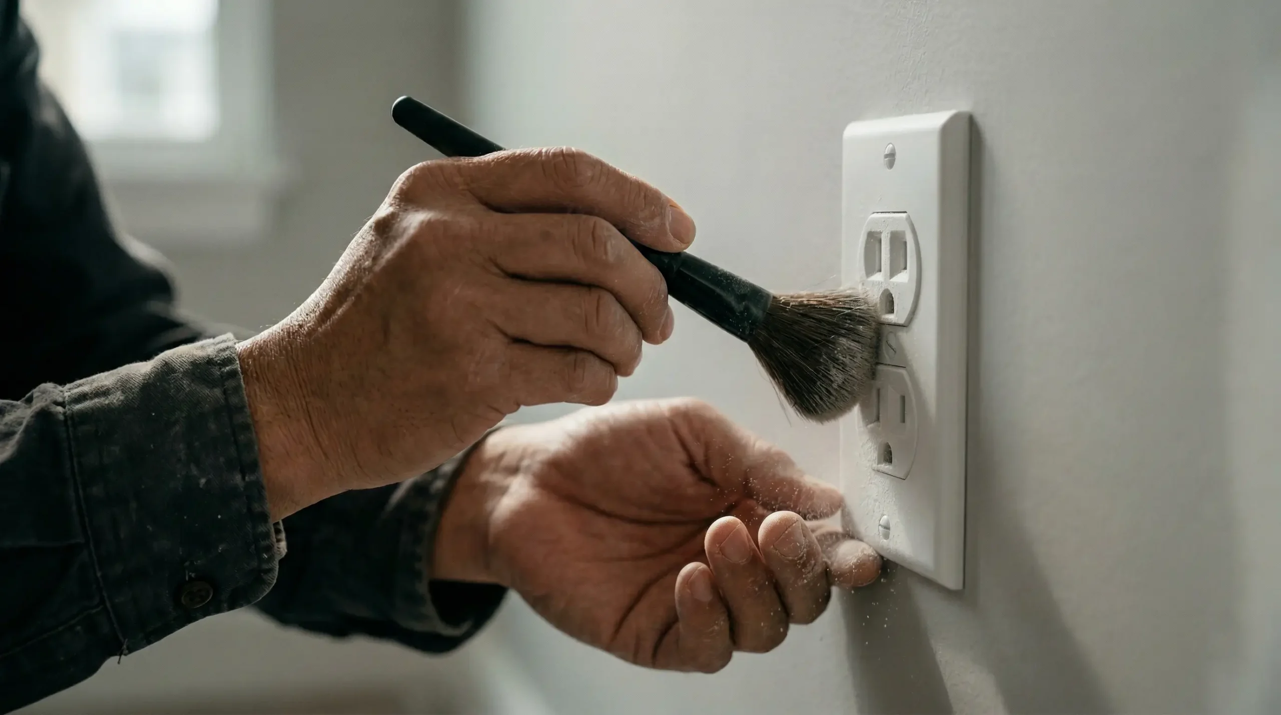 Kỹ sư hướng dẫn cách lau dọn xử lý bụi thạch cao siêu mịn trên ổ cắm điện âm tường để tránh chập cháy.