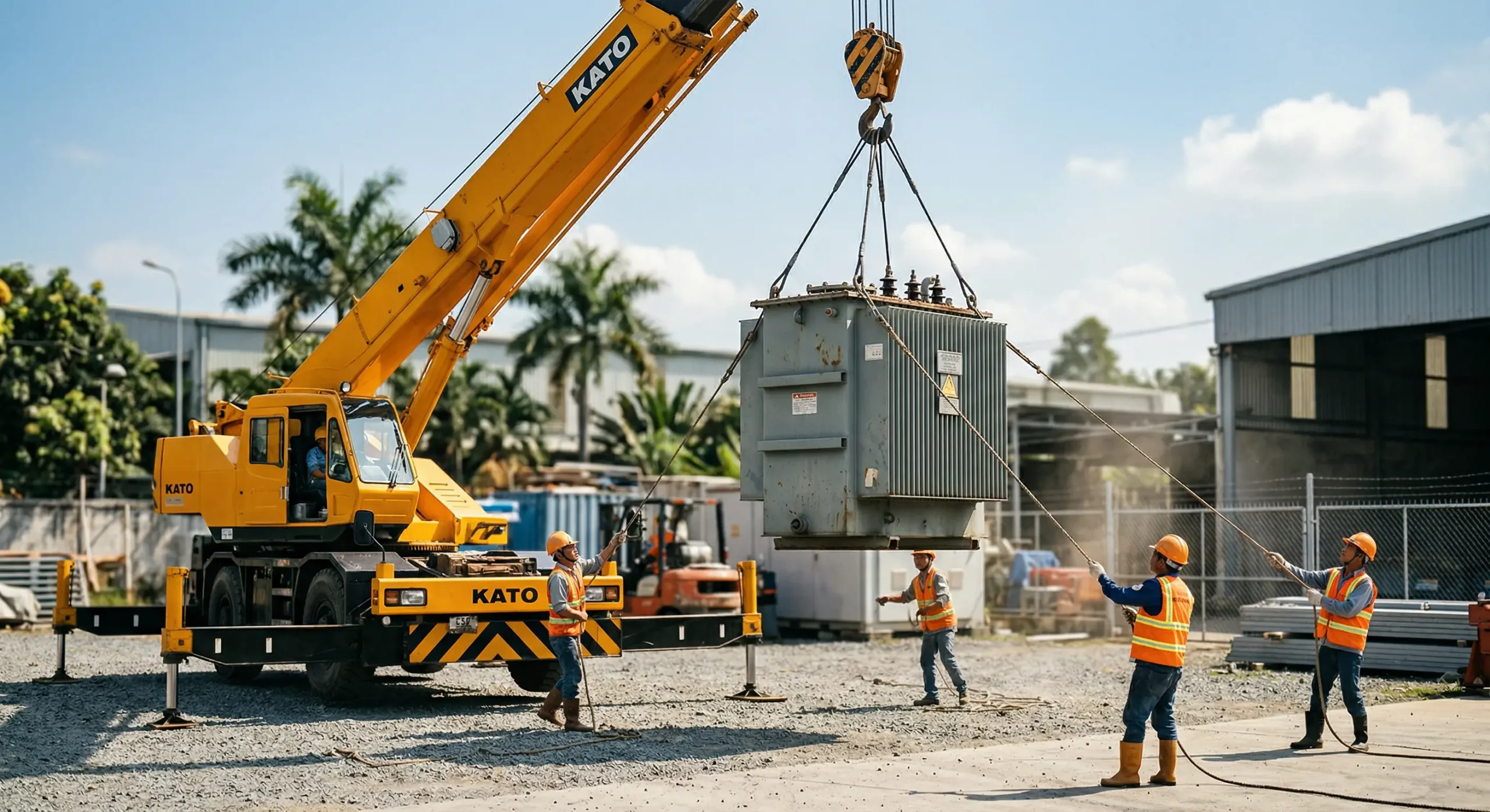 Xe tải gắn cẩu Kato nâng hạ trạm biến áp, bốt điện hợp bộ Kiosk dư thừa công suất tại khu công nghiệp.