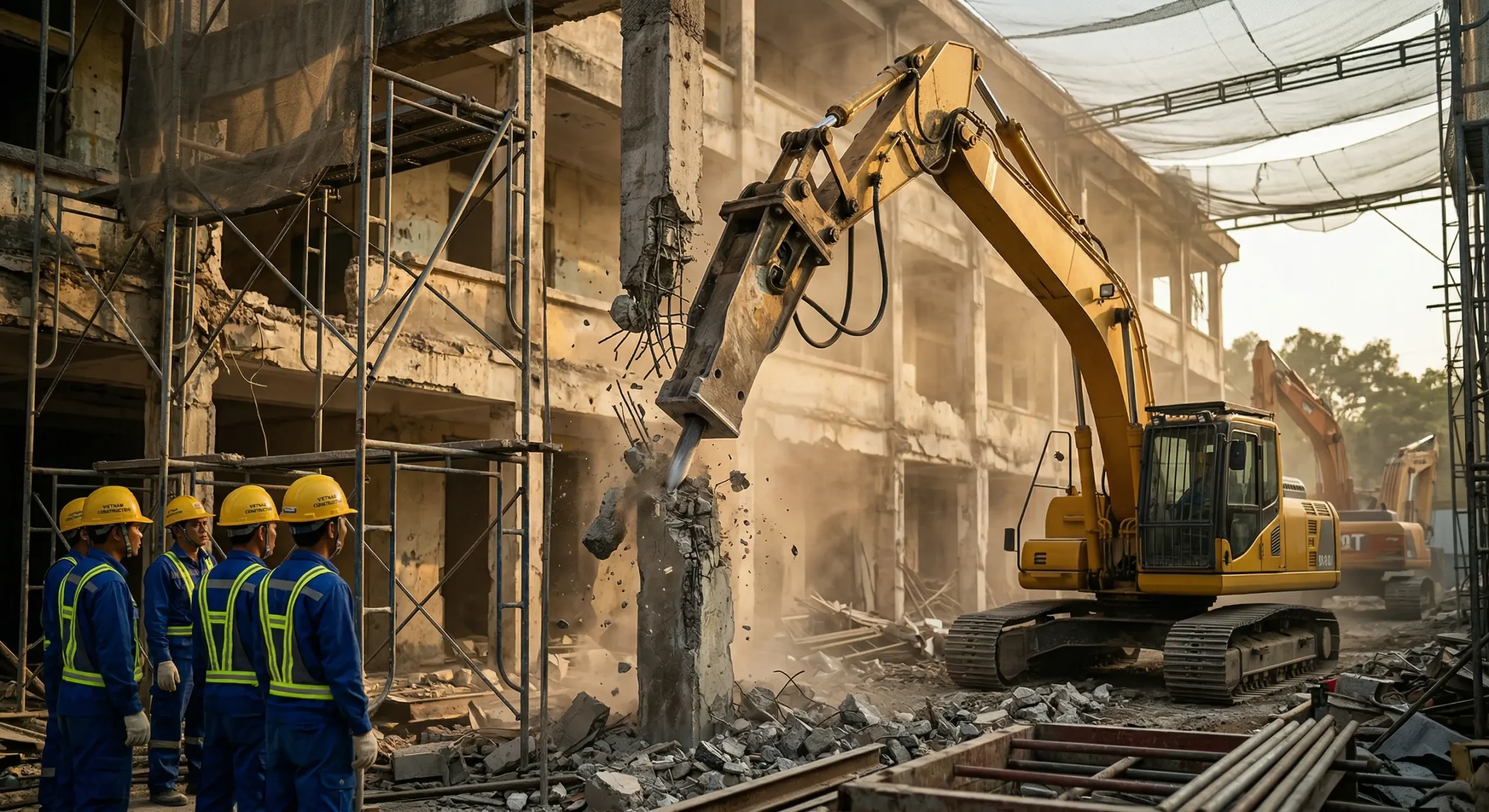 Xe cuốc gắn búa thủy lực thi công đập phá nhà cao tầng bê tông cốt thép an toàn và thu gom xà bần.