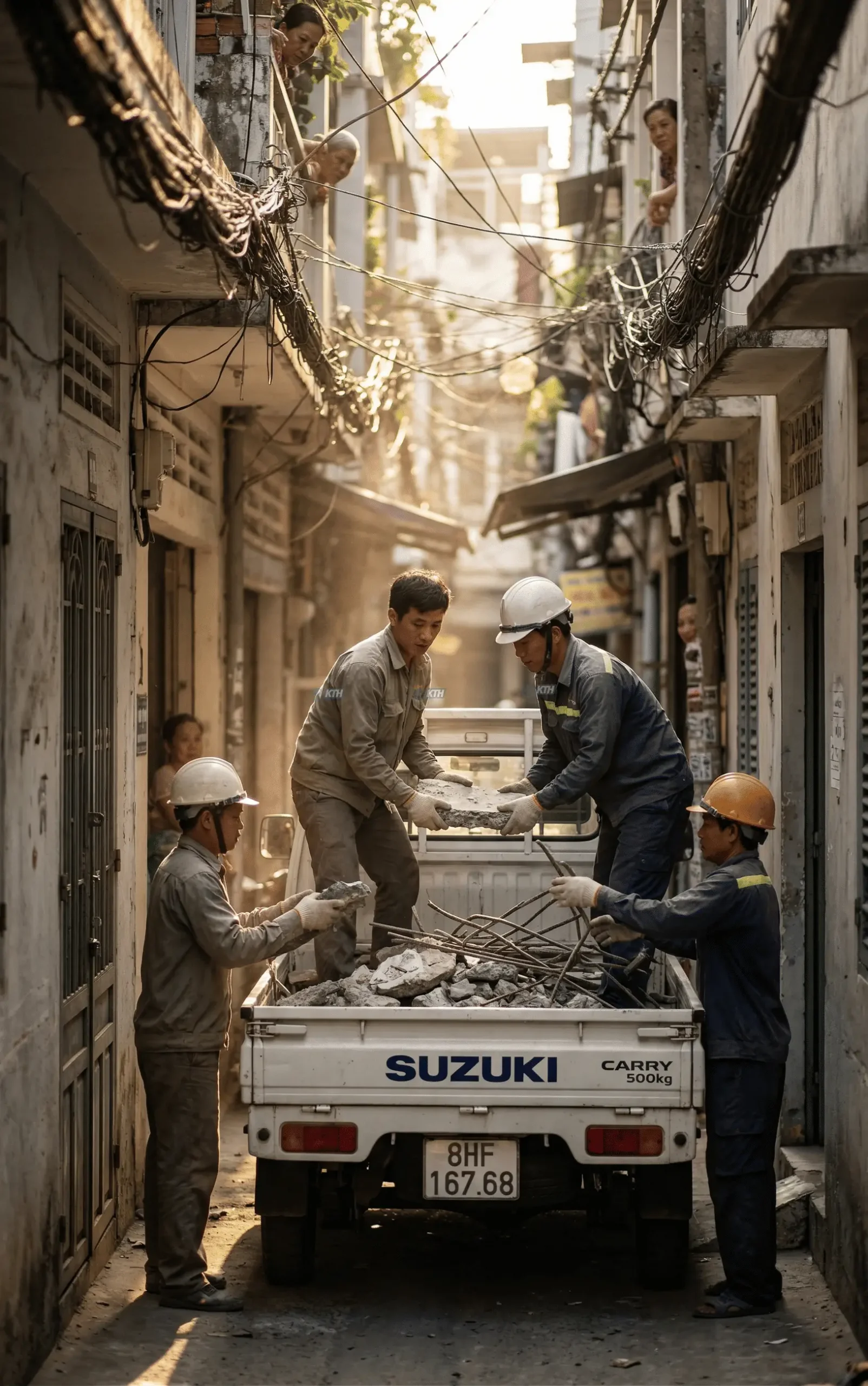 Xe tải chở xà bần và trung chuyển giải phóng mặt bằng trong hẻm nhỏ khu dân cư đông đúc.