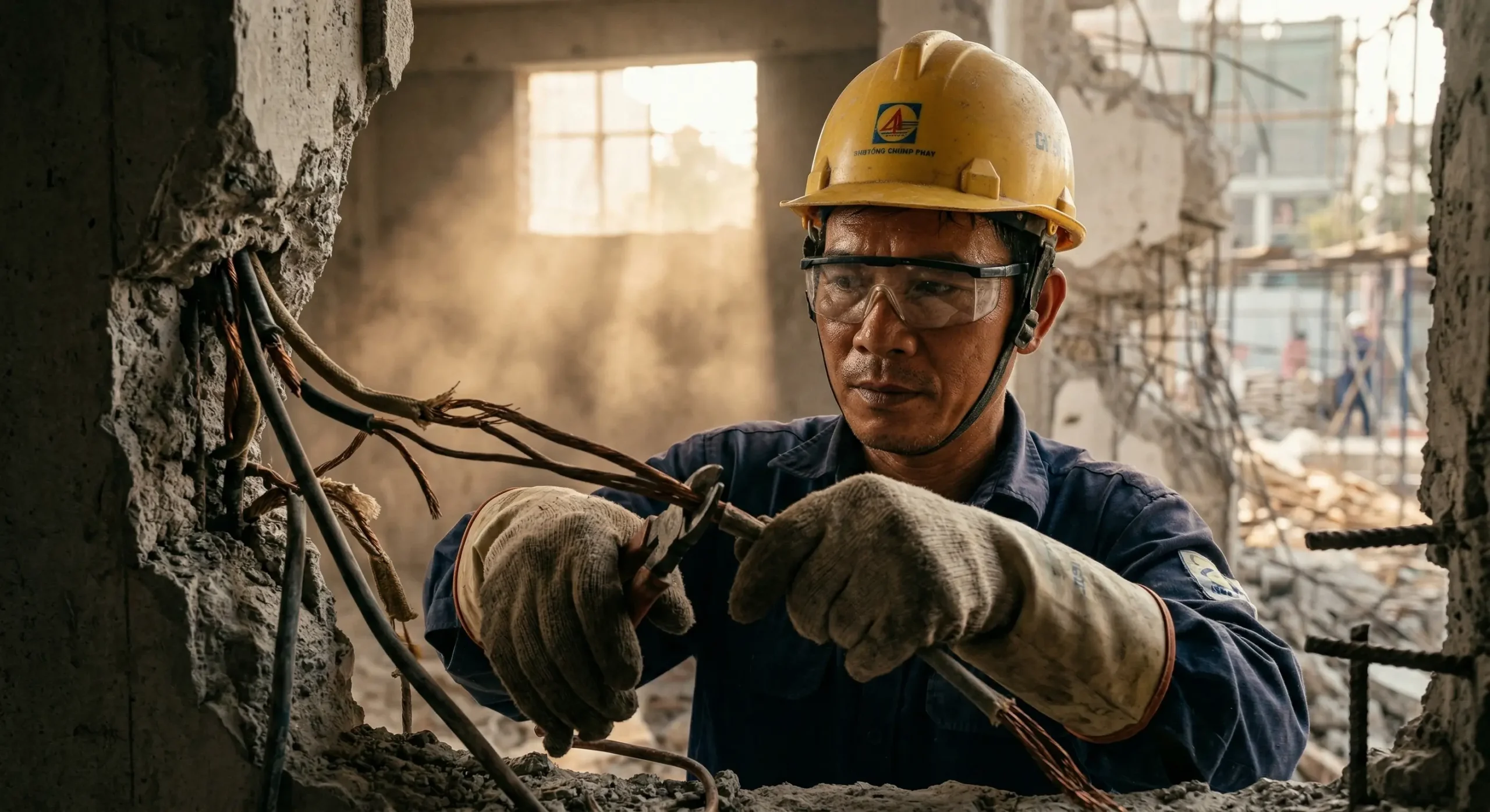 Công nhân kỹ thuật xử lý ngắt hệ thống điện nước âm tường trước khi thi công phá dỡ giải phóng mặt bằng.