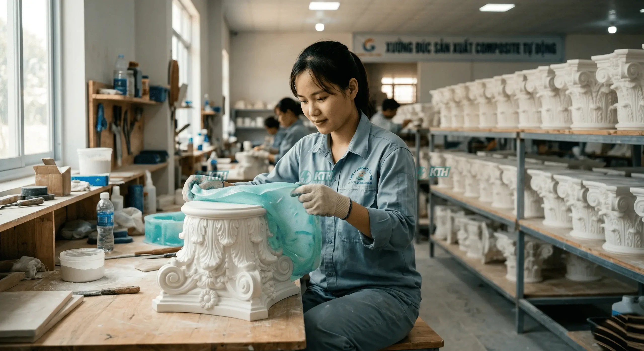 Xưởng sản xuất hoa văn composite đúc sẵn đầu cột Corinth với độ sắc nét và đồng đều tuyệt đối.