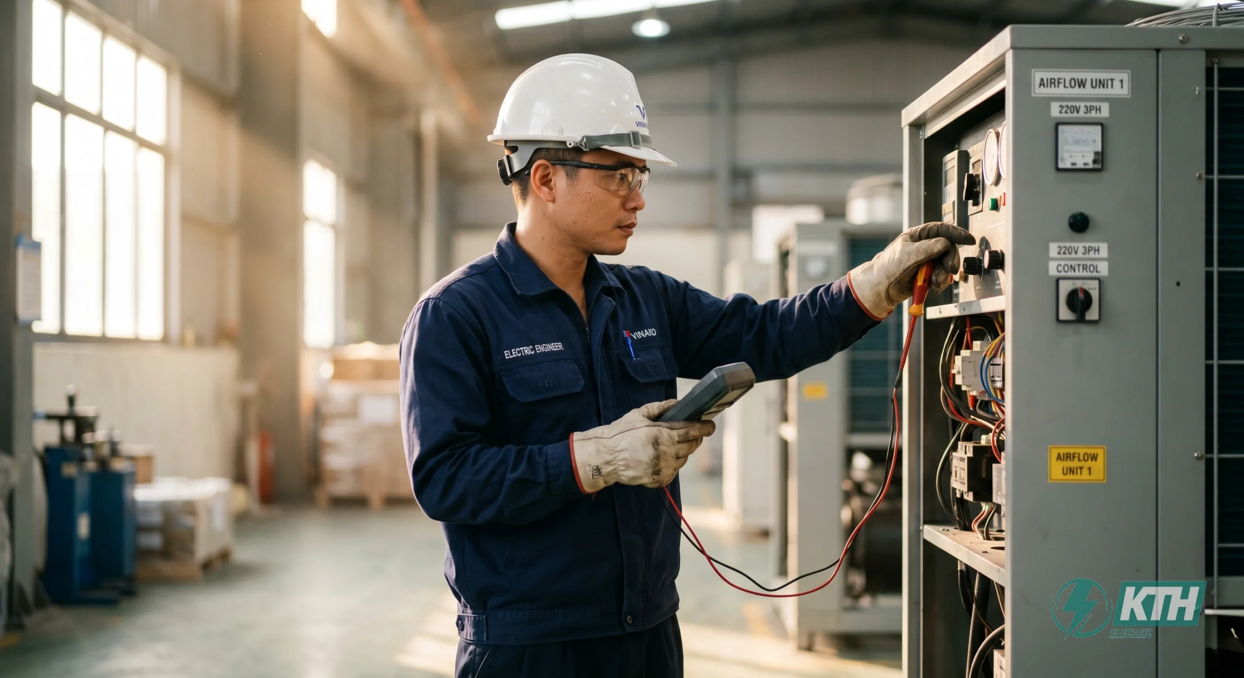 Kỹ sư cơ điện lạnh KTH Electric kiểm tra bảo trì hệ thống điều hòa công nghiệp và máy lạnh tủ đứng cho thuê tại nhà xưởng TPHCM.