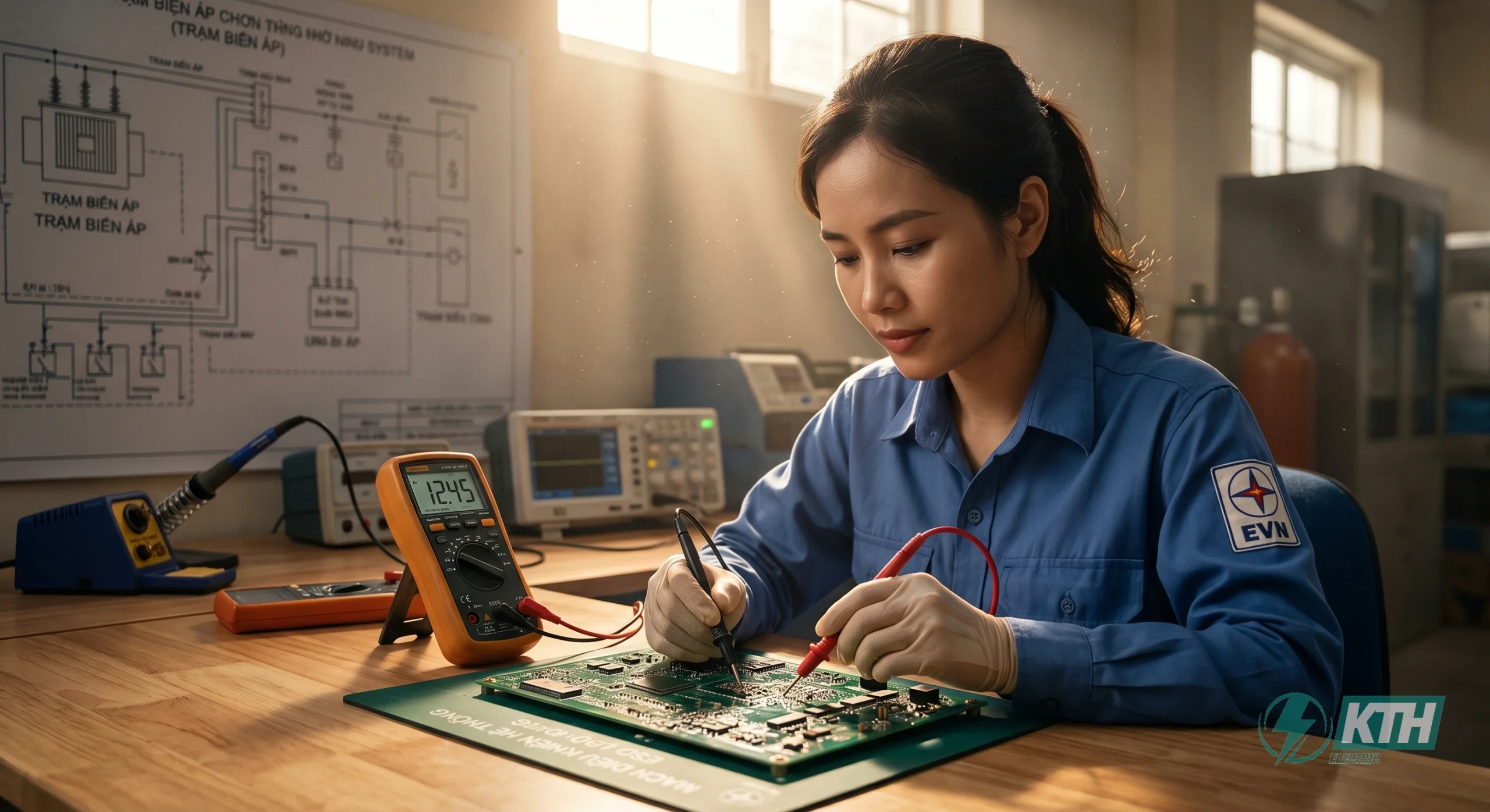 Kỹ sư tính toán công thức định luật Ohm để xác định hiệu điện thế và điện trở nhằm phòng tránh tác dụng sinh lý nguy hiểm của dòng điện.