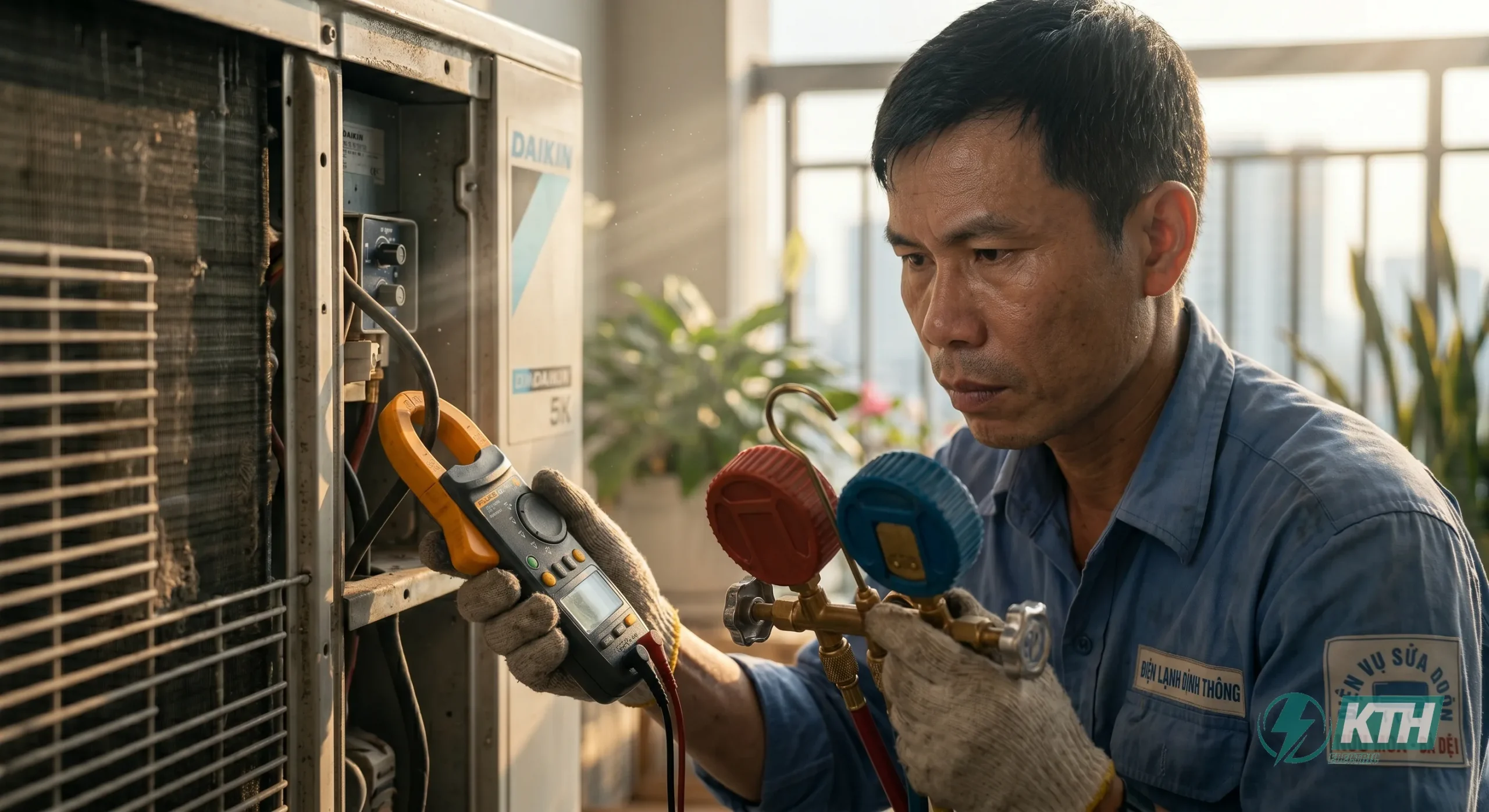 Kỹ thuật viên dùng ampe kìm và đồng hồ đo áp suất gas để kiểm tra thông số dòng điện sau khi bảo dưỡng điều hòa.