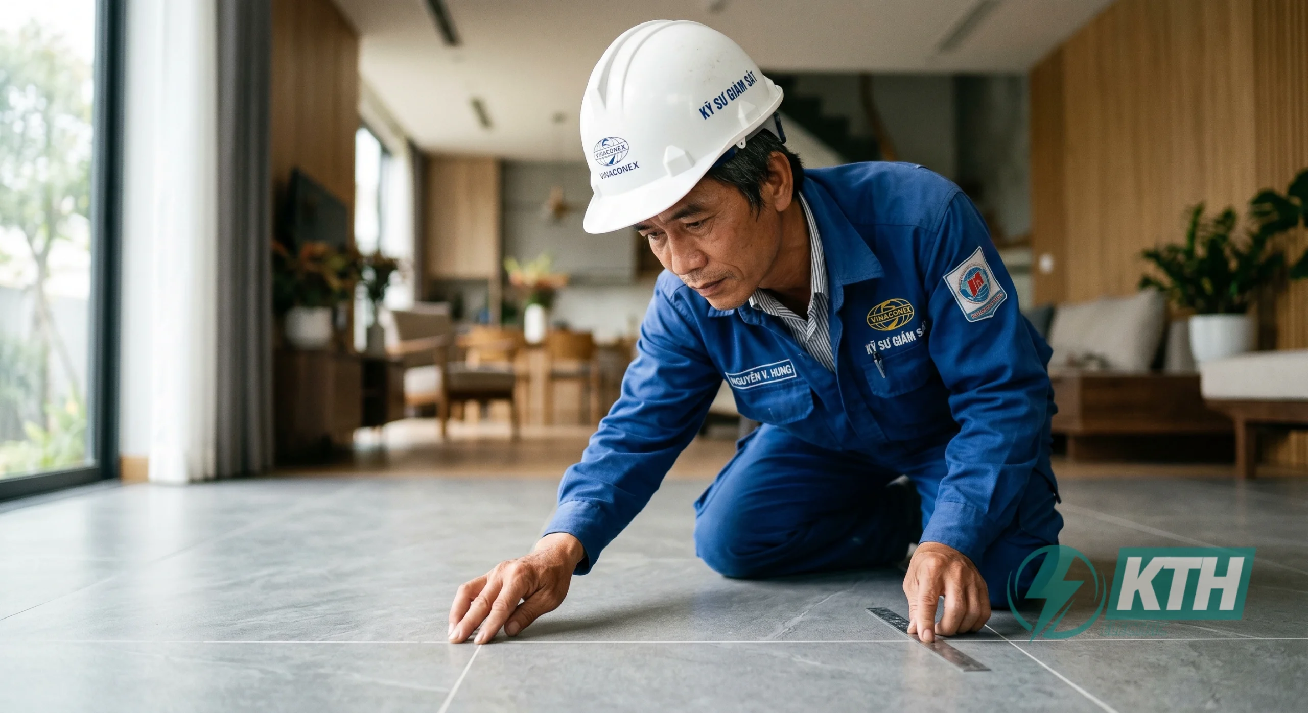 Keo Chà Ron Là Gì? Báo Giá & 4 Bước Thi Công Chuẩn (2026) 1 Kỹ sư trưởng KTH Electric trực tiếp kiểm tra chất lượng đường mạch sau khi thi công dứt điểm bằng hệ keo chà ron công nghệ mới.