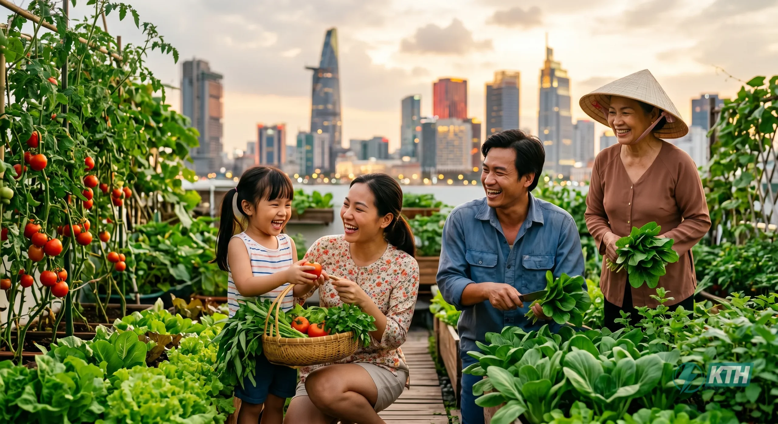 Mẫu thiết kế vườn rau sân thượng đẹp tiết kiệm diện tích trọn gói với chậu ghép thông minh.