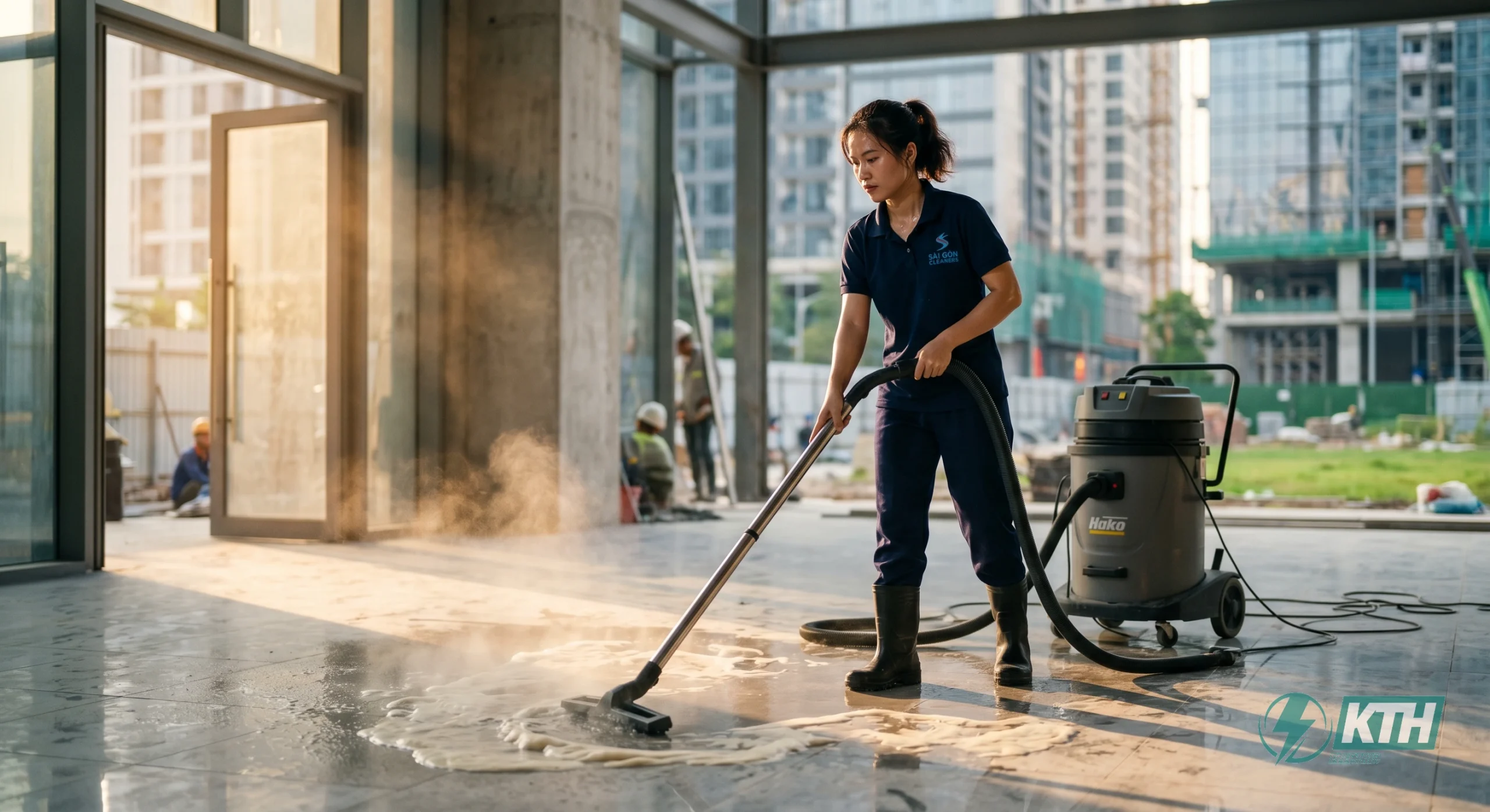 Quy trình thu gom nước bẩn triệt để bằng máy hút bụi nước công nghiệp 3000W trong vệ sinh sau xây dựng