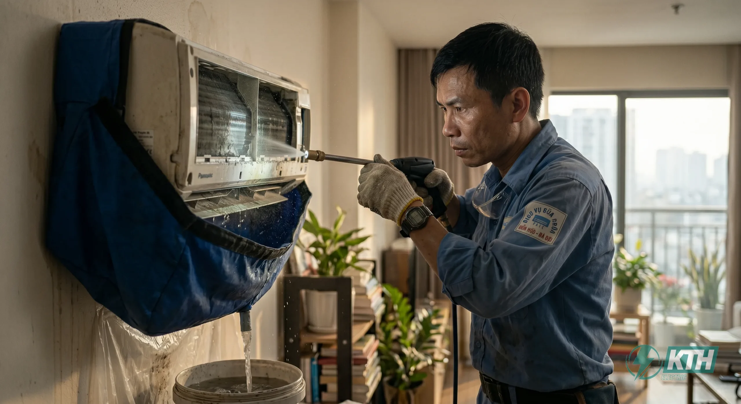 Thợ kỹ thuật xịt rửa dàn lạnh bằng máy bơm áp lực cao trong quy trình 5 bước vệ sinh máy lạnh tại nhà chuẩn kỹ thuật.