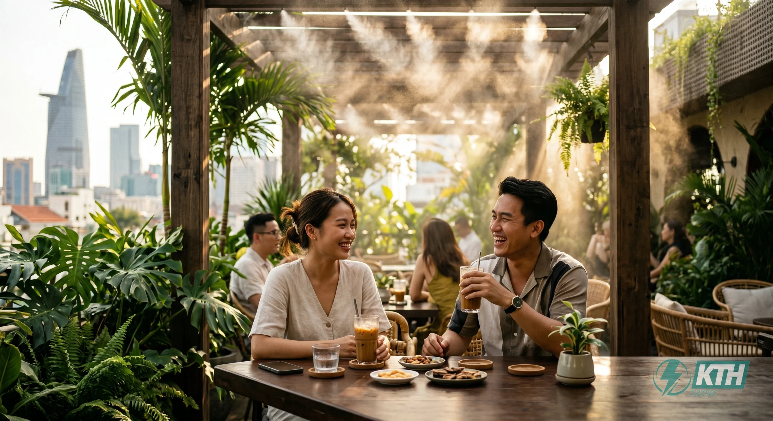 Dịch vụ thi công lắp đặt hệ thống phun sương làm mát quán cafe tại TPHCM giúp giảm 5 đến 7 độ C, tạo không gian mở thoáng đãng, thu hút khách hàng.