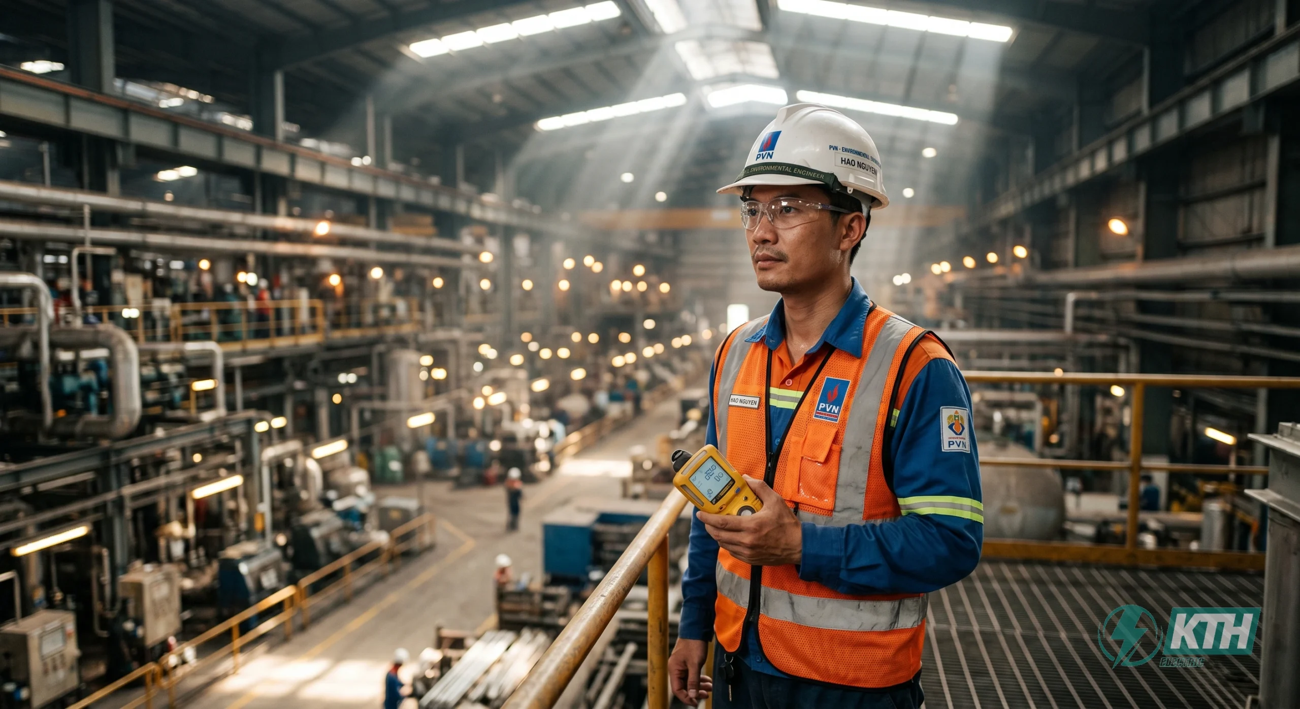 Kỹ sư môi trường đang kiểm tra máy đo đa khí độc để lập bảng báo giá hiệu chuẩn thiết bị quan trắc môi trường lao động tại nhà máy.