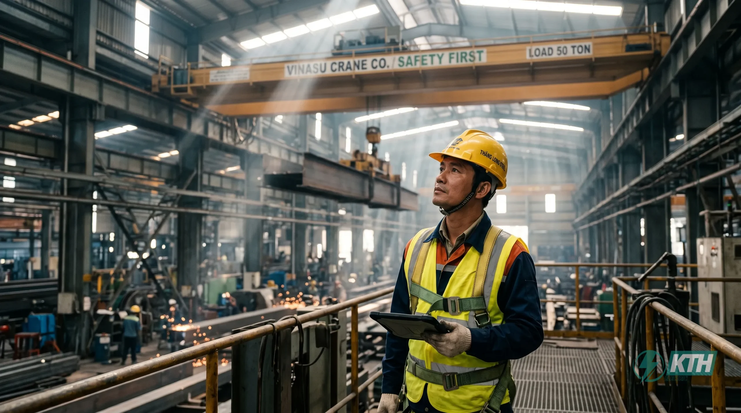 Dịch Vụ Thử Tải Cẩu: Quy Trình QCVN 7 & Bảng Giá 2026 1 Kỹ sư thực hiện quy trình thử tải tĩnh cầu trục 125% tải trọng để kiểm tra độ võng dầm chính tại nhà máy.