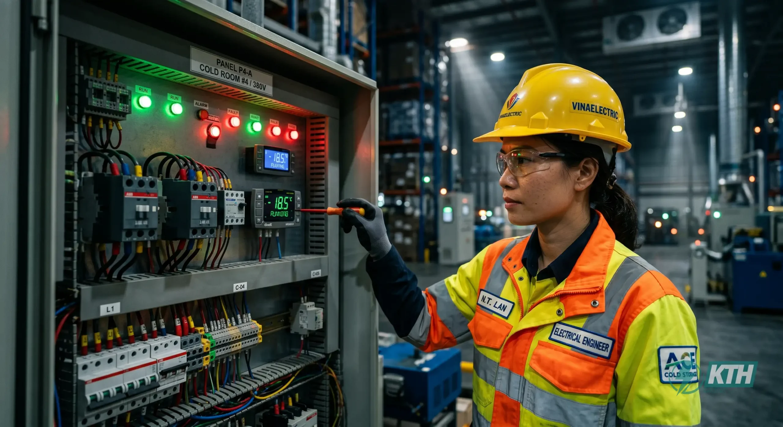 Quy trình lắp đặt tủ điện điều khiển kho lạnh âm sâu, kỹ sư Việt Nam đang kiểm tra sơ đồ mạch điện điều khiển kho lạnh bằng thiết bị vi xử lý Dixell đạt chuẩn an toàn.