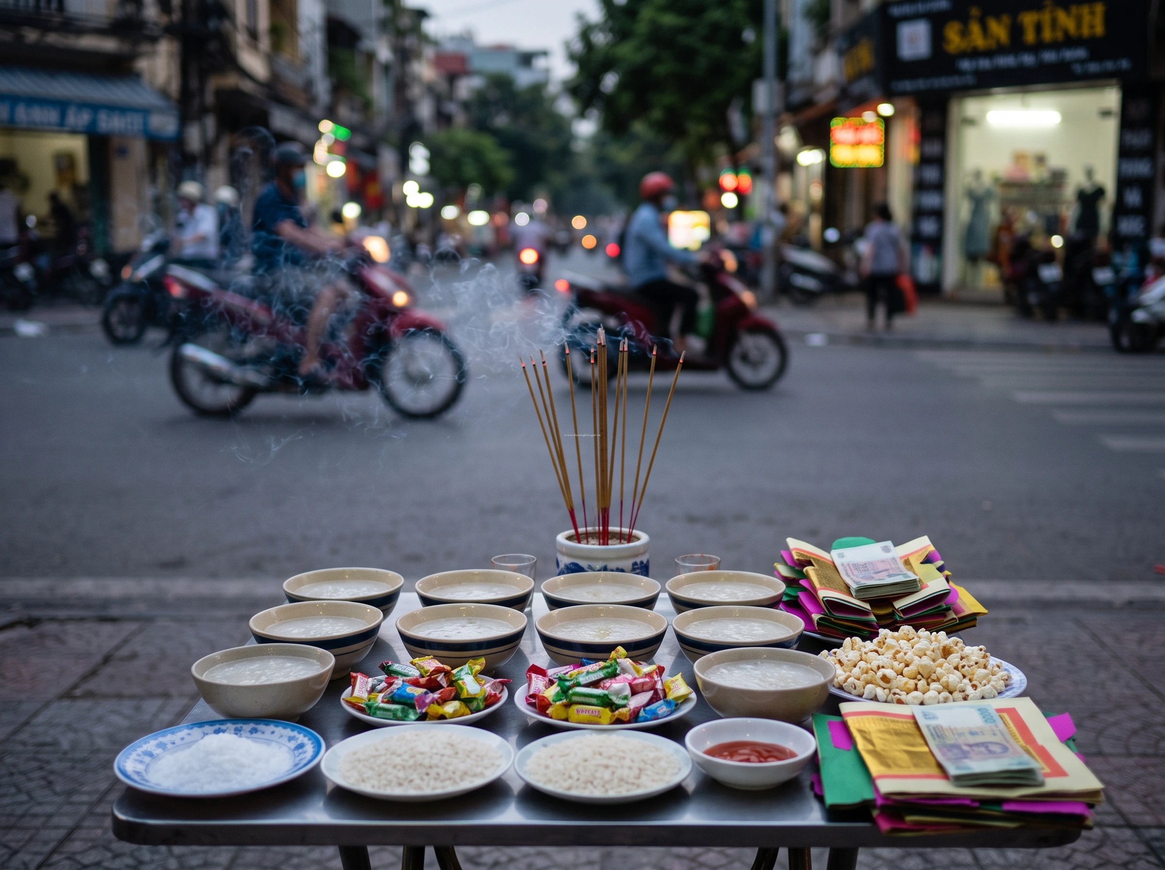 Chi tiết mâm cúng cô hồn ngoài trời bắt buộc gồm 12 bát cháo loãng, gạo muối và quần áo chúng sinh trong lễ xá tội vong nhân.