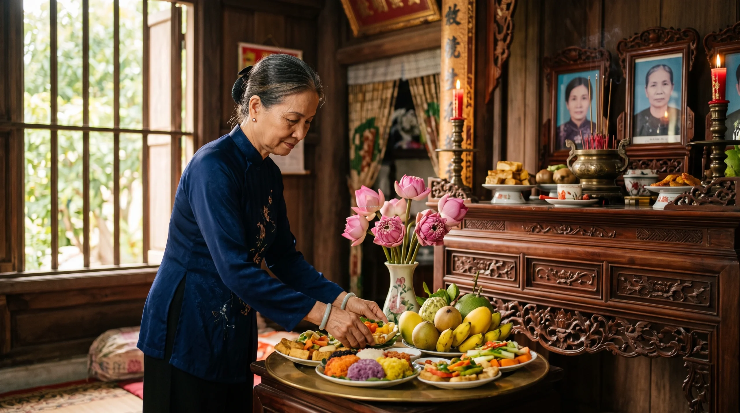 Chuẩn bị mâm cúng gia tiên và mâm cỗ chay cúng Phật trong nhà dịp Lễ Vu Lan báo hiếu rằm tháng 7 âm lịch.